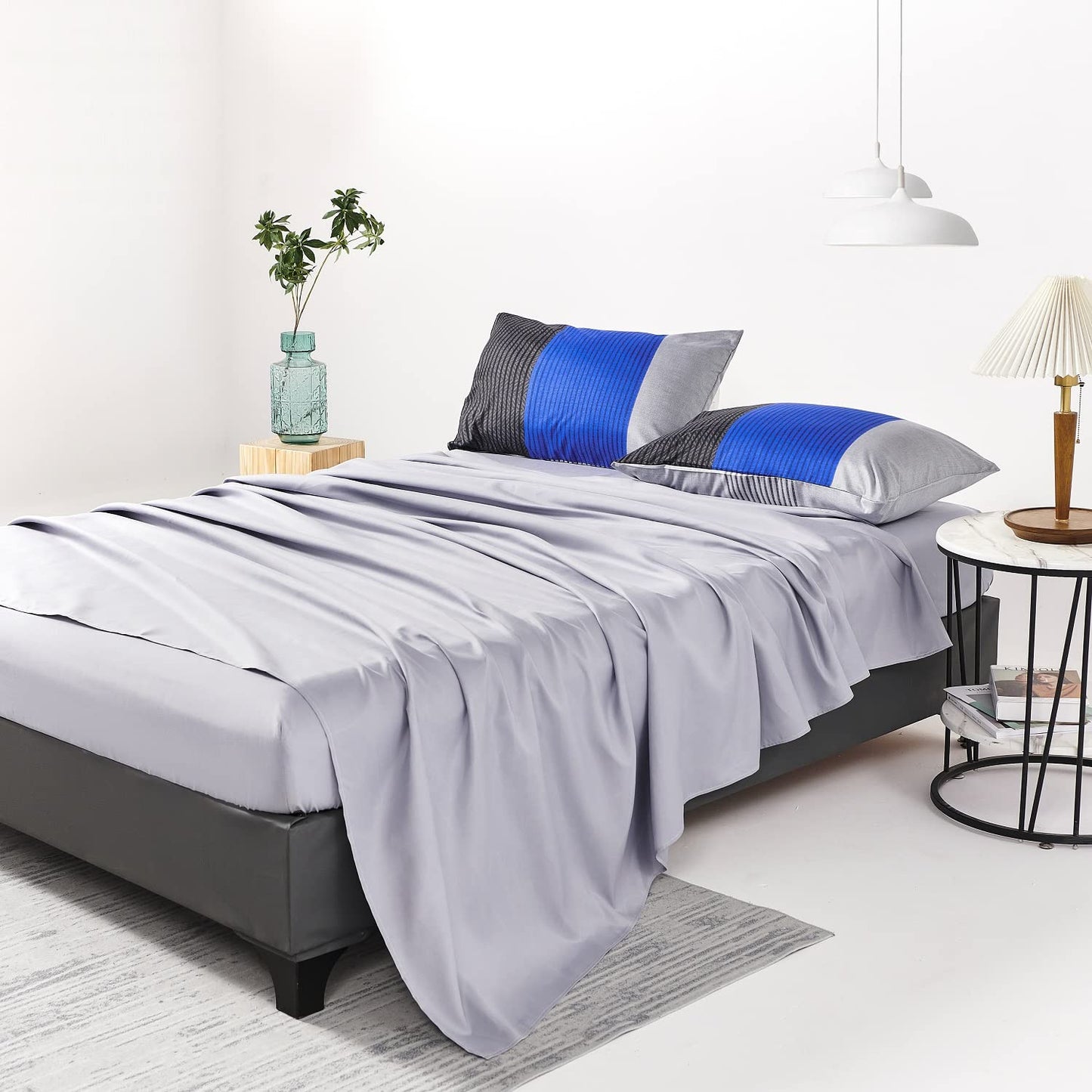 RYNGHIPY 8Pcs Blue and Grey Stripe Comforter Set Full Size, Ultra Soft Microfiber Filling Patchwork Comforter Duvet, Bed Sheets and Pillowcases (Full,Blue Grey)