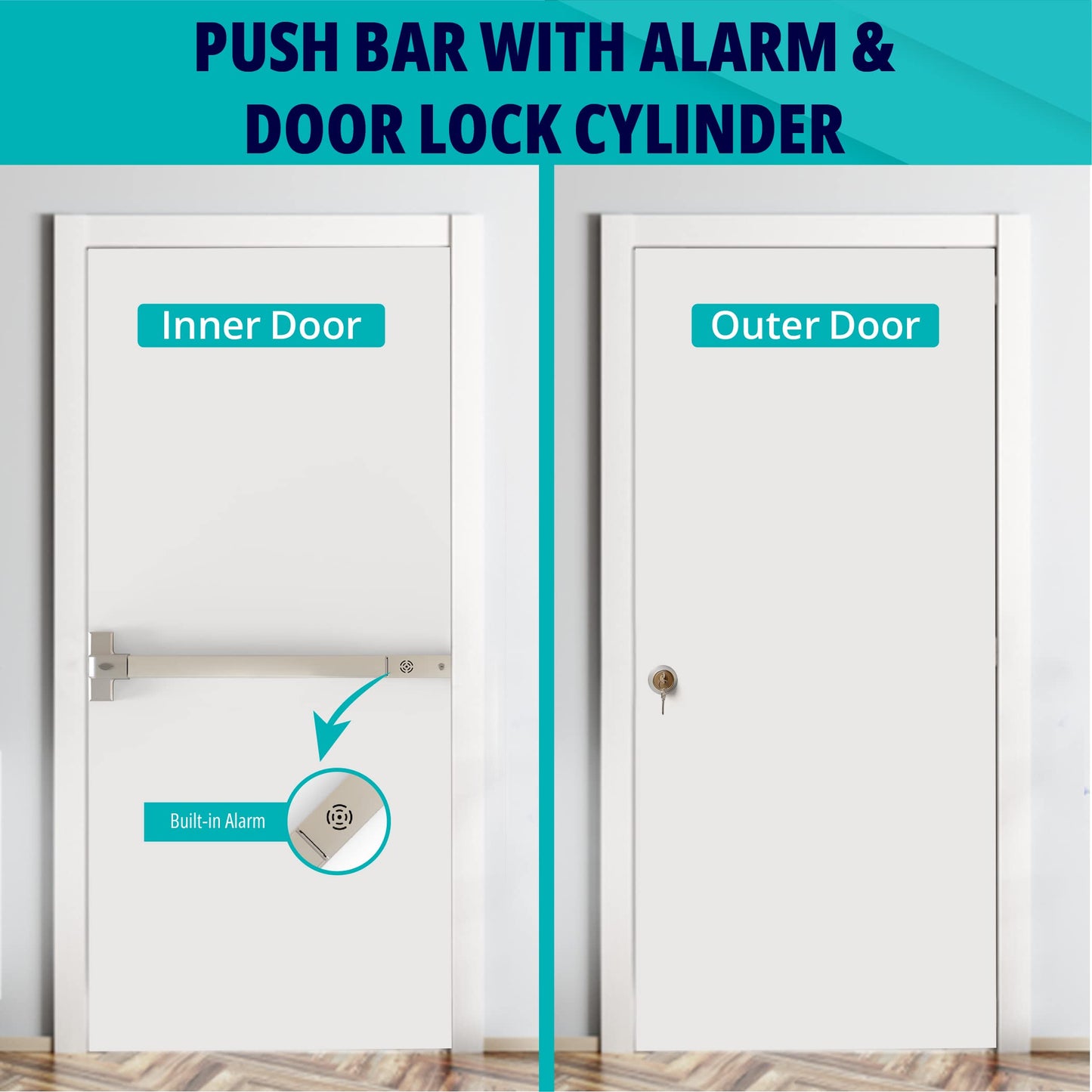 LANITI Hardware Push Bar Stainless Steel Commercial Emergency Exit Bar Panic Exit Device Suitable for Wood Metal Door Exterior Locking Lever Trim. (Lock Cylinder - with Alarm)