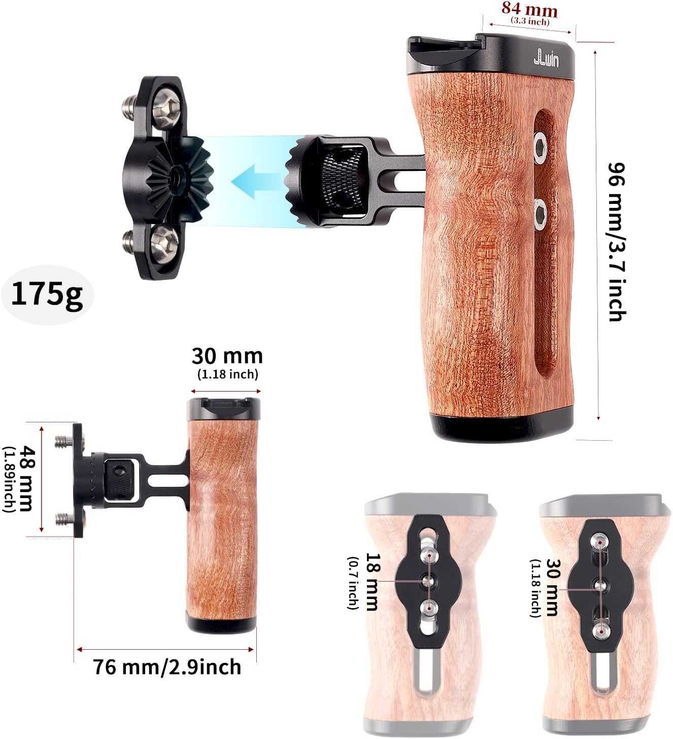 FocusFoto 1/4"-20 3/8"-16 Wooden Side Handle Grip Left/Right Handgrip with & & Cold Shoe Mount Universal for DSLR
