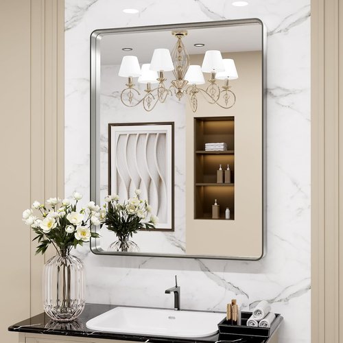 LOAAO Brushed Nickel Bathroom Mirror - 20x30 Inch Rounded Rectangle Design | Anti-Rust & Shatter-Proof