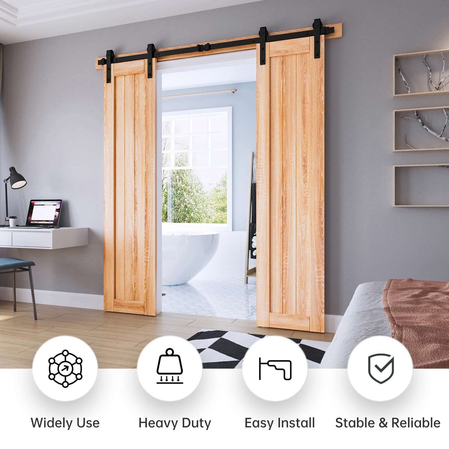 EaseLife 6.6 FT Double Door Sliding Barn Door Hardware Track Kit,Basic J Pulley,Heavy Duty,Slide Smoothly Quietly,Easy Install (6.6FT Track Kit for Double 20" Wide Door)