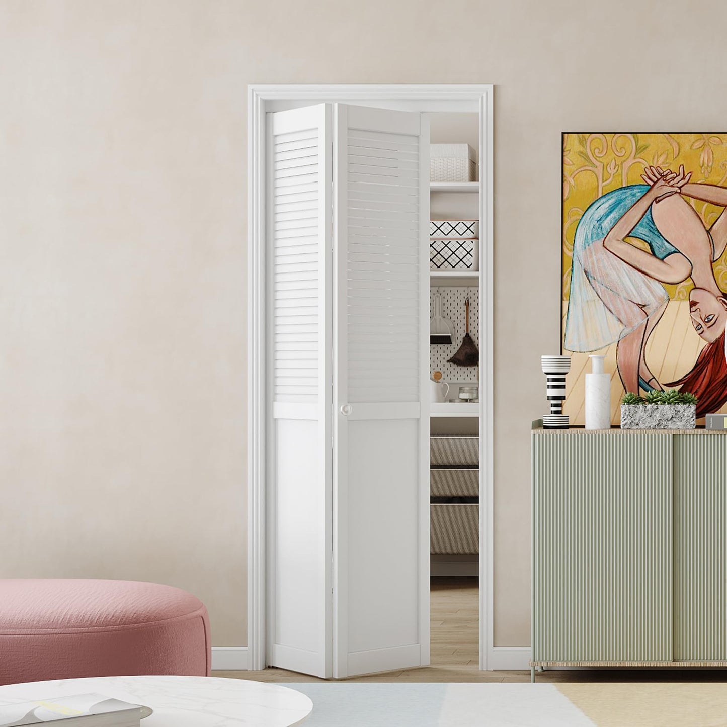 BARNER HOME Half Louvered Bi-Fold Door, Fits 24" x 80" Standard Openings, White Folding Closet Door with Hardware Kit, Ventilated Top MDF 2 Panels, Ideal for Laundry, Bedroom, or Pantry