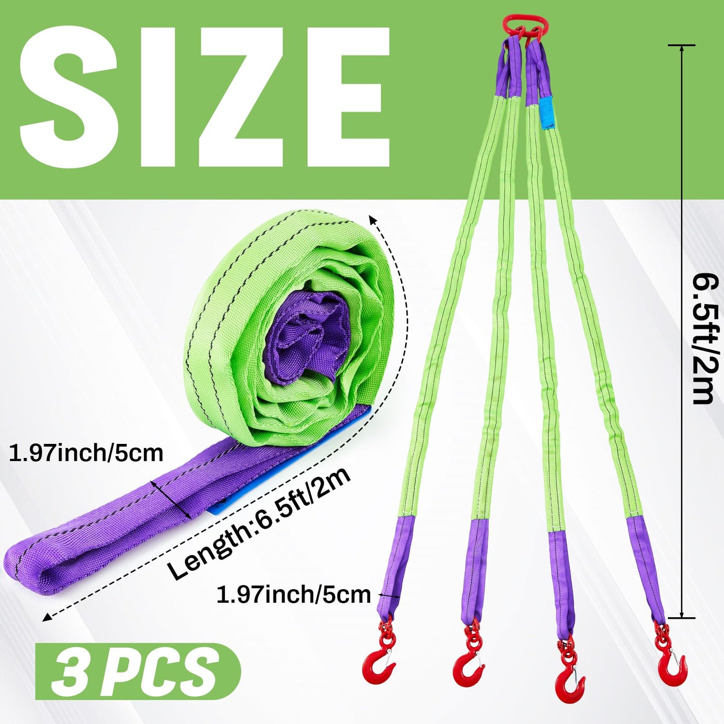GliCraft 3 Pcs 6.6 ft Polyester Lifting Straps Set - Four Leg Bridle Web Sling & 2 Endless Round Slings Rigging Straps for Hoist, Engine, Crane, Machinery Moving & Tree Stump Removal 6600 lbs Capacity