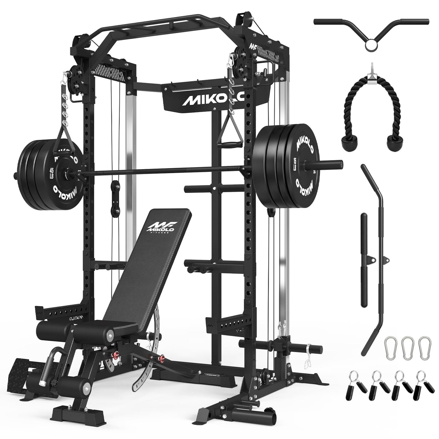 Mikolo Power Cage, 2000LB Power Rack with Independent Dual Pulley System, Multi-Function Home Gym Workout Machine for Cable Crossover (Black 001)