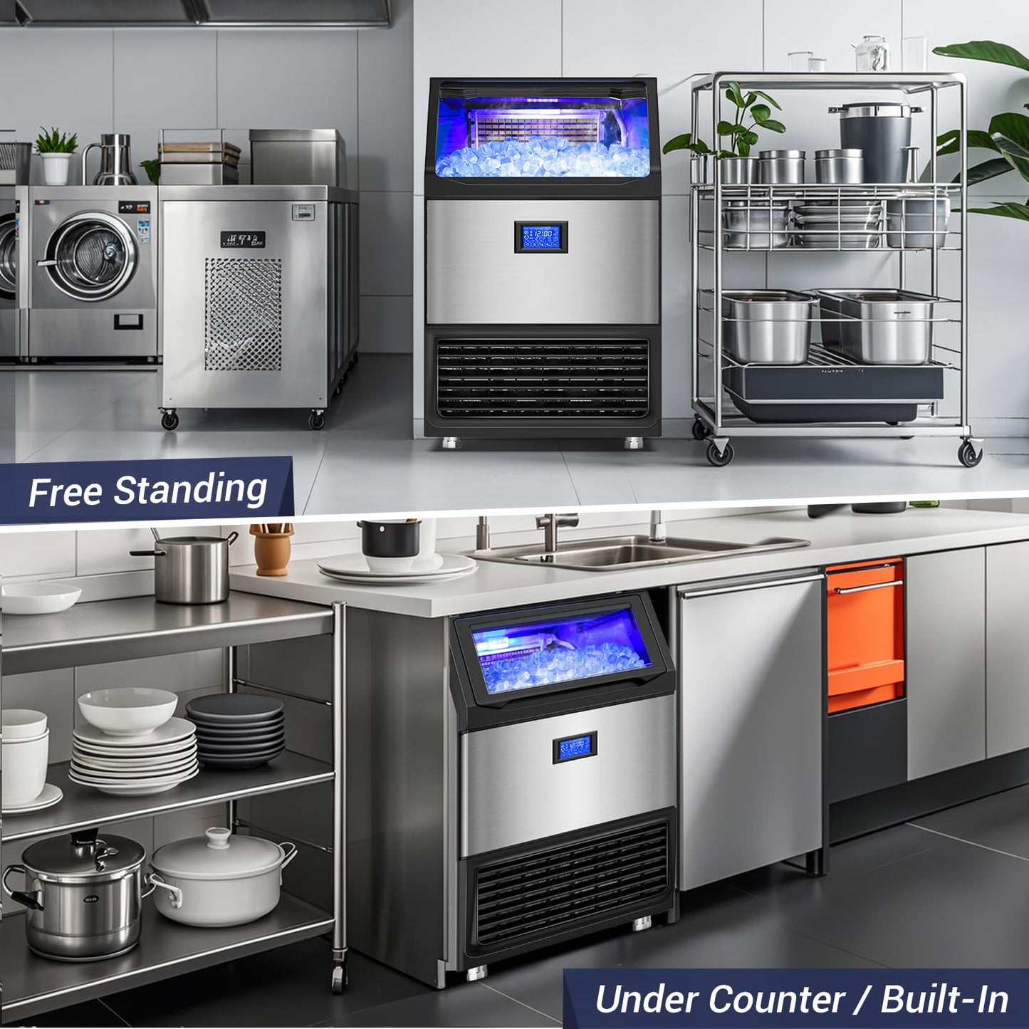 SOZT® Commercial Ice Maker Machine 450LBS/24H, Stainless Steel Under Counter Ice Machine with 200LBS Storage Bin, Self-Cleaning Freestanding Ice Cube Maker for Restaurant, Bar, Home, Office