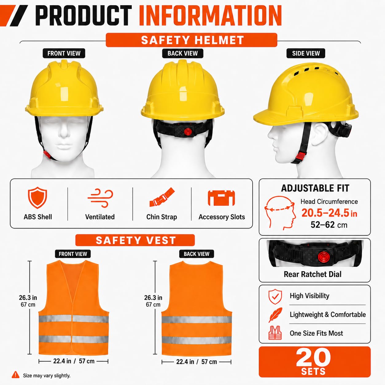 4 Pt. Suspension Hard Hat with Safety Vests Bulk Safety Helmets Adjustable Ratchet Hard Hats, Vents & Sweat Cotton Brow Pad - ABS Construction Helmets for Work Sites & Outdoor Labor (Yellow, 20 Set)