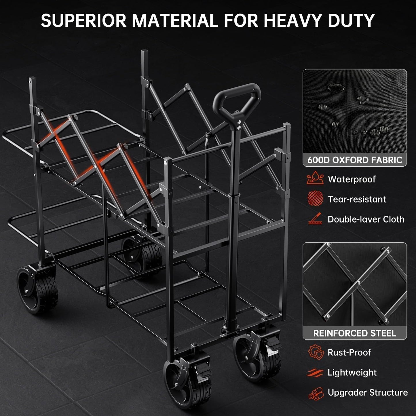 DUHKOI Double Decker Collapsible Wagon with Brakes, Folding Utility Cart with Big All-Terrain Wheels, 2-Tier Wagon for Camping Gear, Sports, Groceries, Shopping, Garden & Outdoor Use
