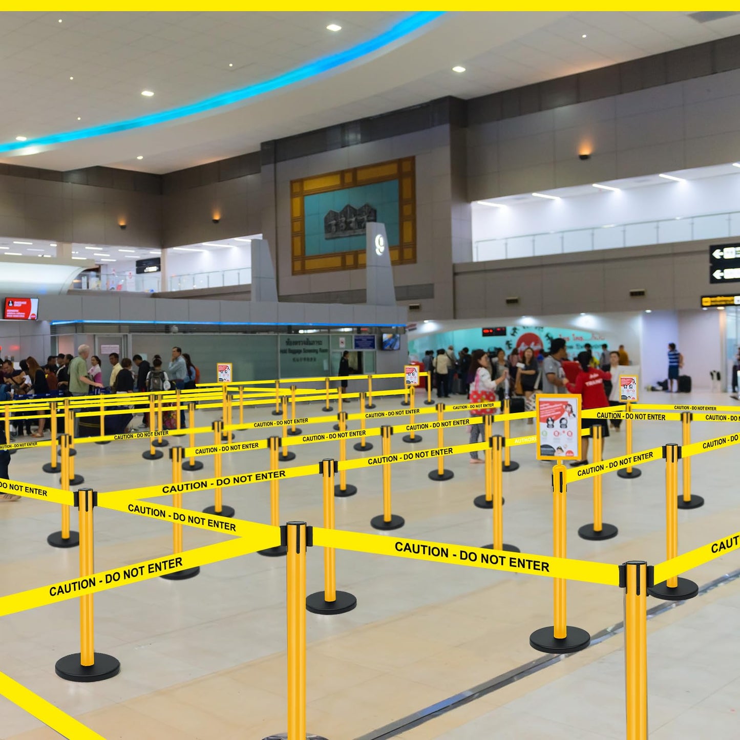 Therwen 6 Pack Heavy Duty Crowd Control Stanchions 9.8 ft Stainless Steel Stanchion Set with 6 Safety Barrier Post Retractable Belt and 1 Sign Holder Crowd Control Barrier(Caution Belt,Yellow)