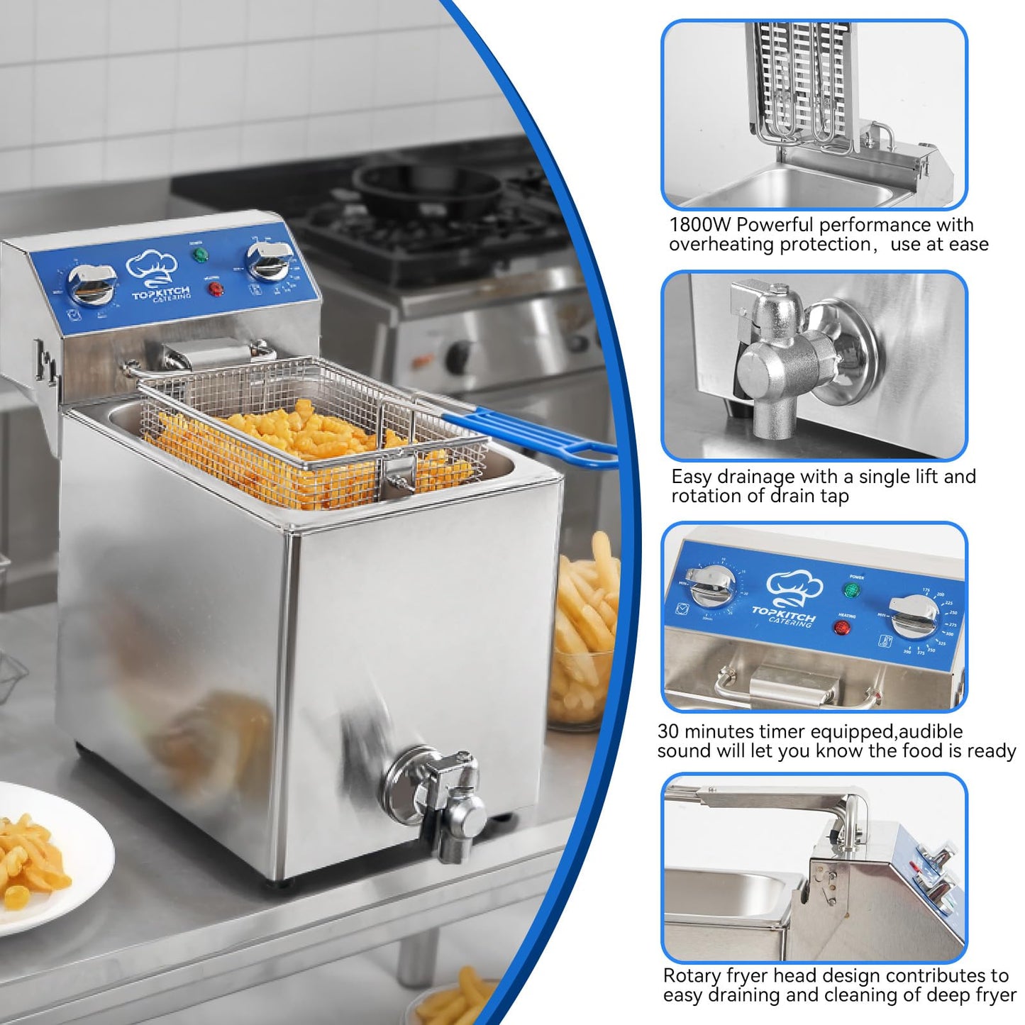 TOPKITCH 8.5Qt Electric Fryer with Oil Drain,30 Minutes Timer,Stretch forming oil tank,Lid and Solid Wire Mesh Basket,Medium Duty Commercial Electric Countertop Deep Fryers-120V,1800W