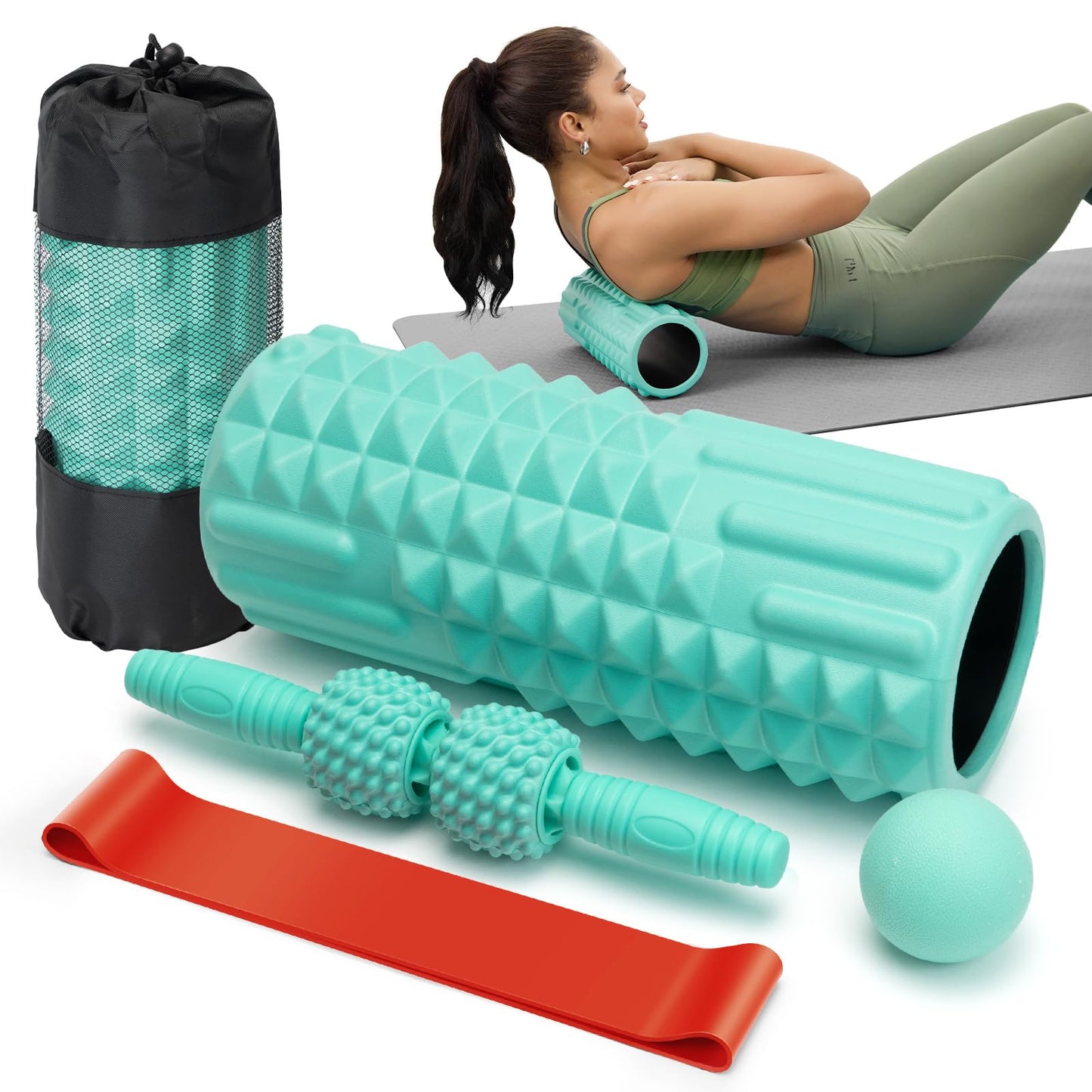 LTHTRADE 5 in 1 Foam Roller Set - Back Roller Foam, Massage Roller Stick, Massage Ball, Resistance Band for Physical Therapy & Deep Tissue Muscle Massage (Green)