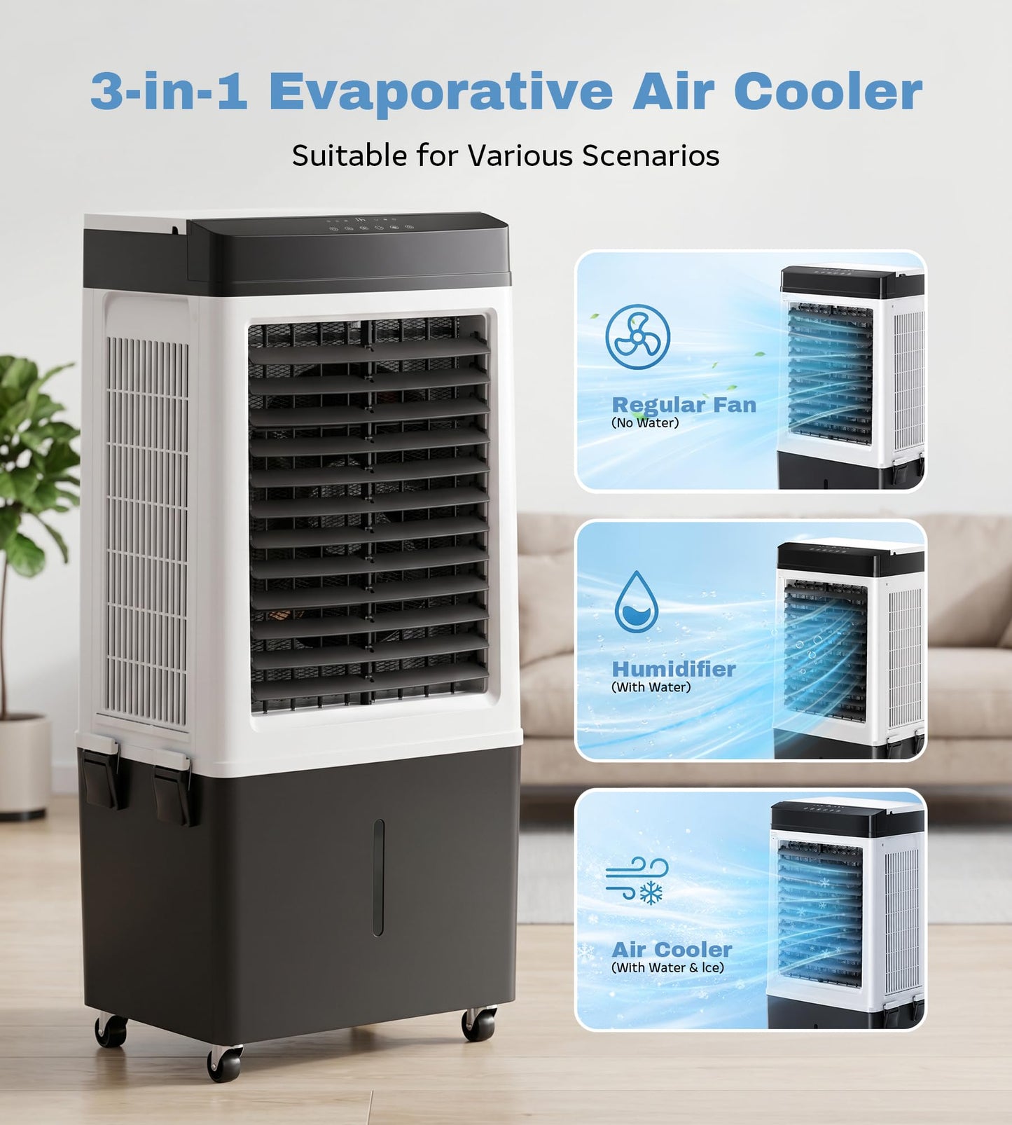 AKIRES 2200CFM Swamp Cooler,Evaporative Air Cooler with 8.0-Gal Water Tank, 4 Ice Packs, Portable Air Conditioners with Remote Control,12H Timer,Evaporative Cooler for Indoor,Outdoor Use (40IN)
