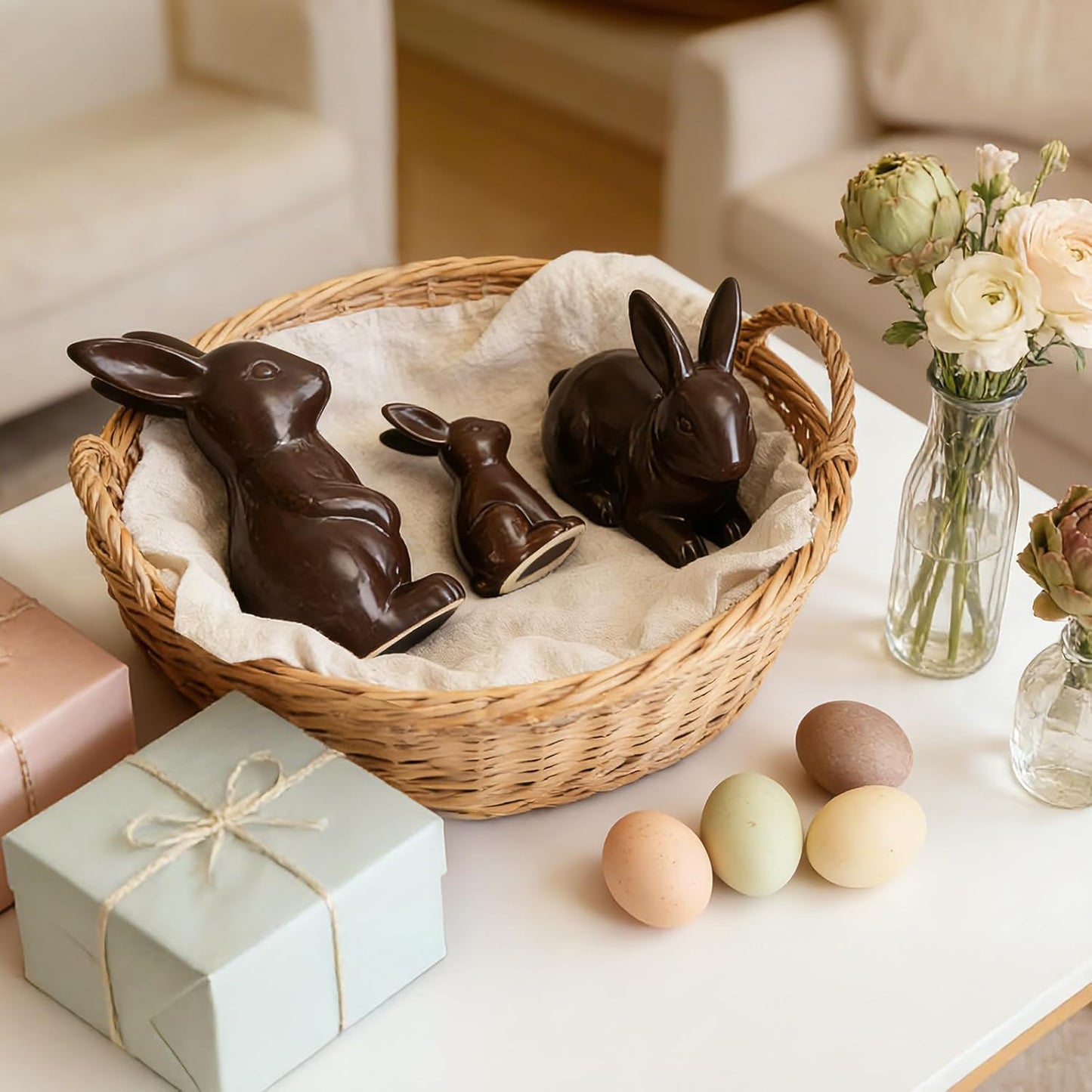Rabbit Decor Ceramic Chocolate Bunny Figurines - Set of 3 Cute Home Table Centerpieces for Living Room & Office