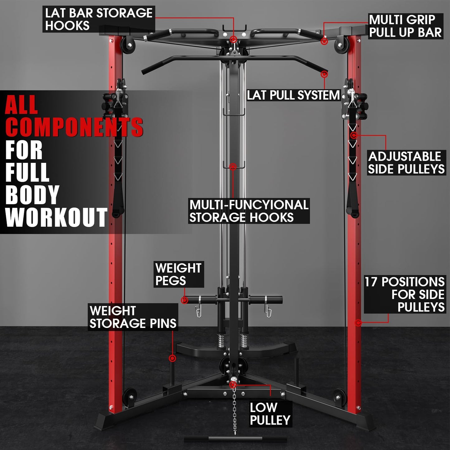Mikolo Cable Crossover Machine, Functional Trainer with 17 Adjustable Positions, Home Gym Equipment with High and Low Pulley System for LAT Pulldowns and Seated Cable Row, Cable Fly Machine