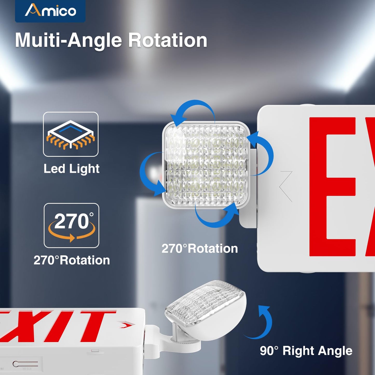 Amico 4 Pack Red Exit Signs with Emergency Lights, Commercial Grade, 94V-0 Fire Resistant Housing, Two LED Adjustable Head, Emergency Exit Sign with Lights Battery Backup, ETL Certified, AC 120/277V