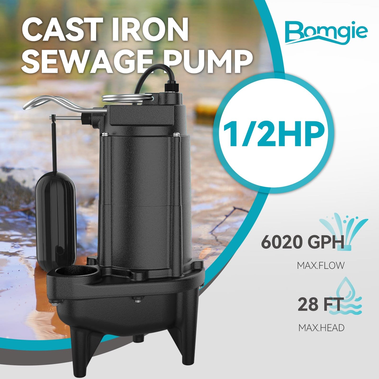 BOMGIE 1/2 HP Sewage Pump, Cast Iron Effluent Pump, Automatic Float Switch, Sewage Sump Pump for Sump Basin, Basement, Residential Sewage, 2'' NPT Discharge, Dark
