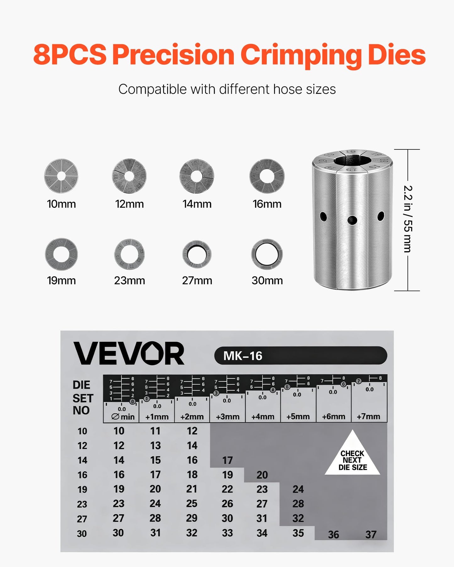 VEVOR High Pressure Hydraulic Hose Crimper, Manual Hose Crimping Tool with 8 Dies & 0.24"-1.1" Crimping Range, Suitable for Low & High-Pressure Oil Pipes, Gas/Water/Auto AC Hoses & Cable Joints