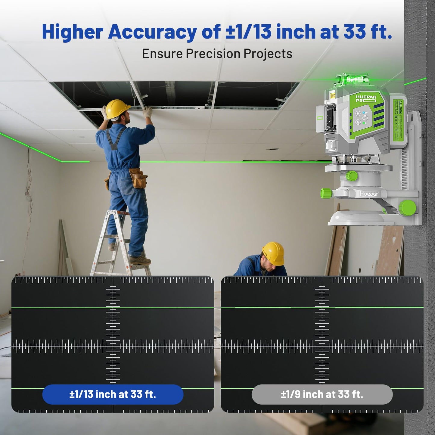 Huepar Pro Laser Level 360 Self Leveling, 4x360° Green Cross Line Laser Tool with Remote Control & Rechargeable Battery, High Accuracy 4D Laser for Construction, Magnetic Bracket -ZK04CG