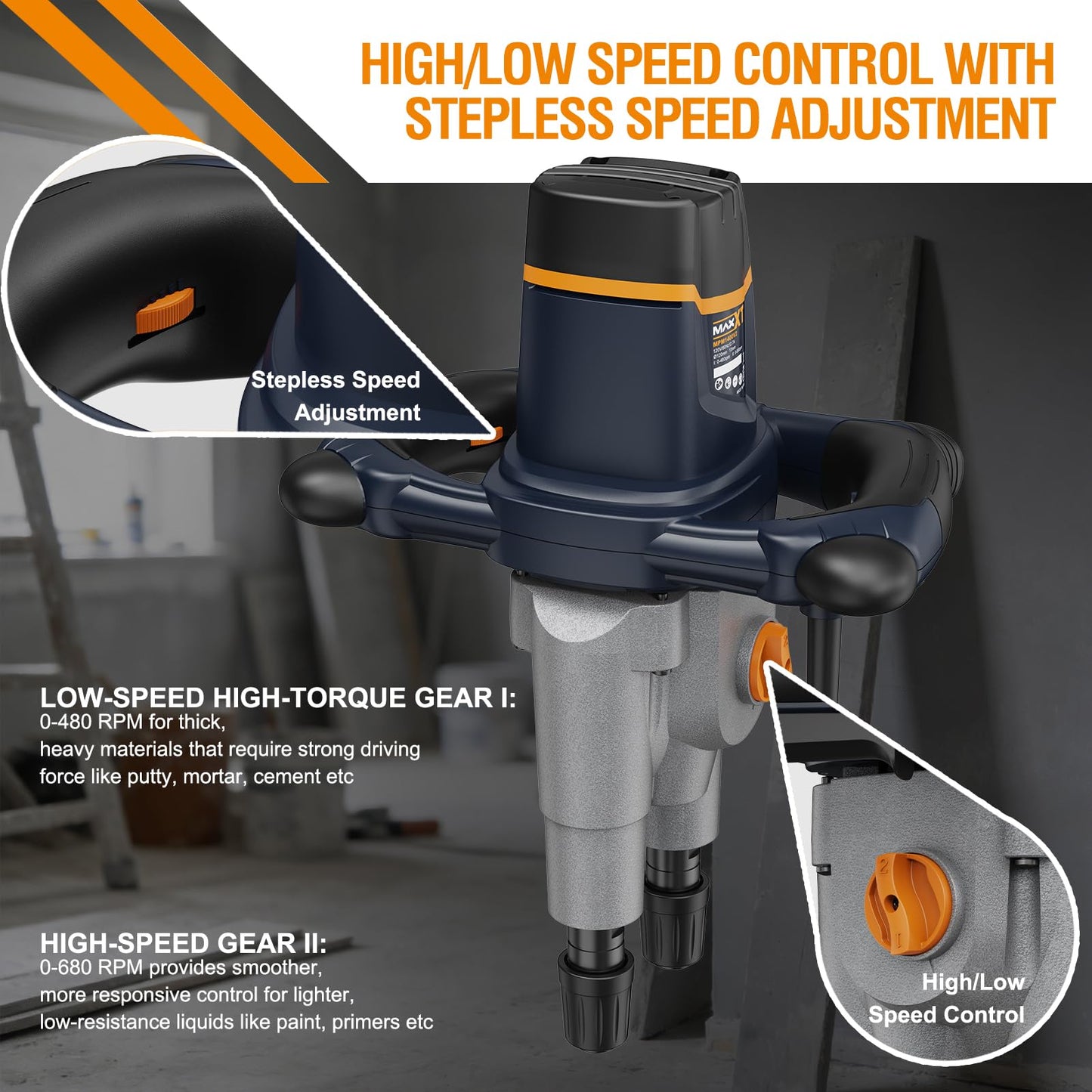 MAXXT 15A Double-Paddle Electric Cement Mixer - Handheld Concrete/Mud Mixer with Soft Start, Stepless Speed Control Paint Mixer for Mixing Cement, Paint, Mortar, Glue, Comes with 2 Mixing Paddles