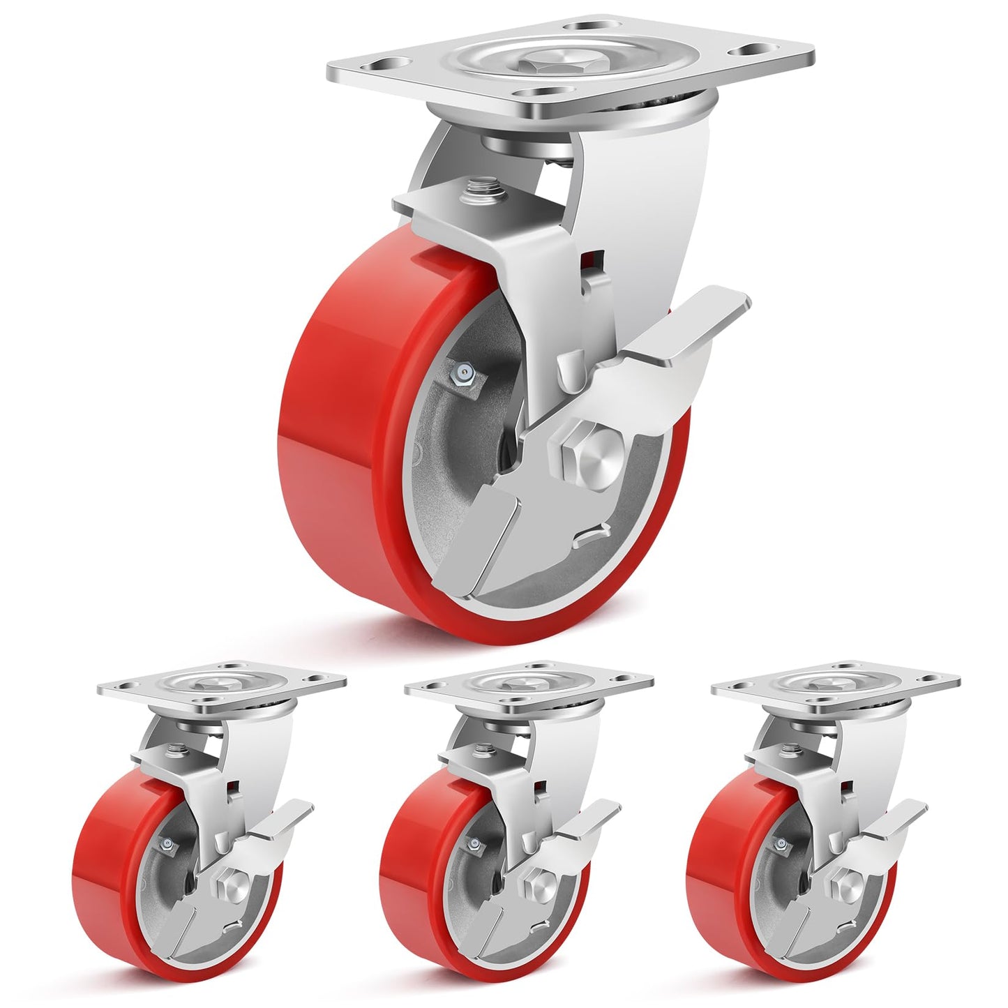 Nefish 5 Inch Industrial Grade Casters Wheels, Heavy Duty Aluminum Core PU Castor Set of 4, Durable Plate Swivel Casters with Brake 4000 LBS, Anti-Corrosion Wheels for Industrial, Equipment