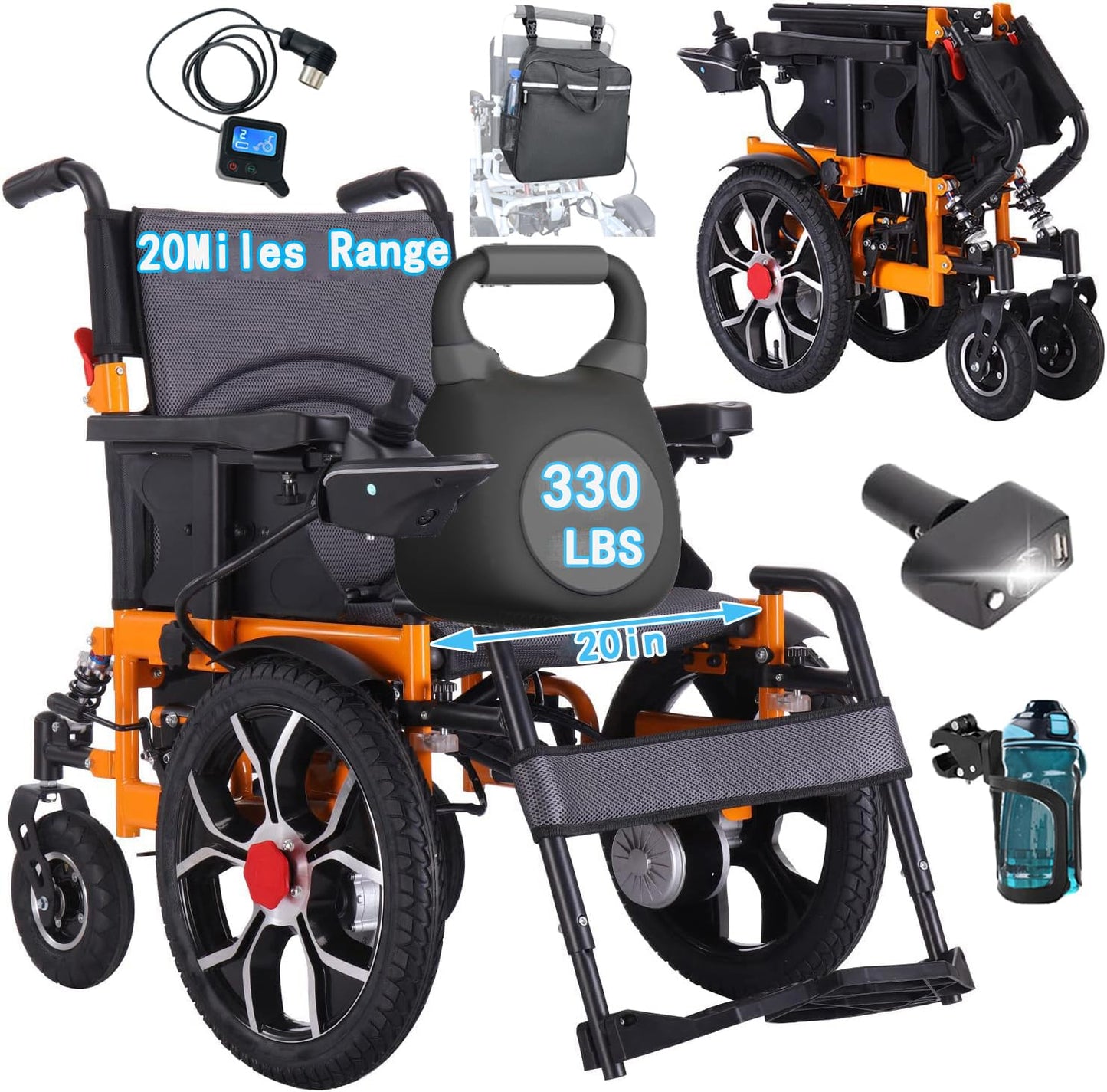 16" Big Front Wheel Electric Wheelchair, 20” Seat Width All Terrain Foldable Power Wheelchairs, Motorized Wheel Chair for Adults 330lbs, Dual Brakes, Rear Control Included, Led Light, Backpack