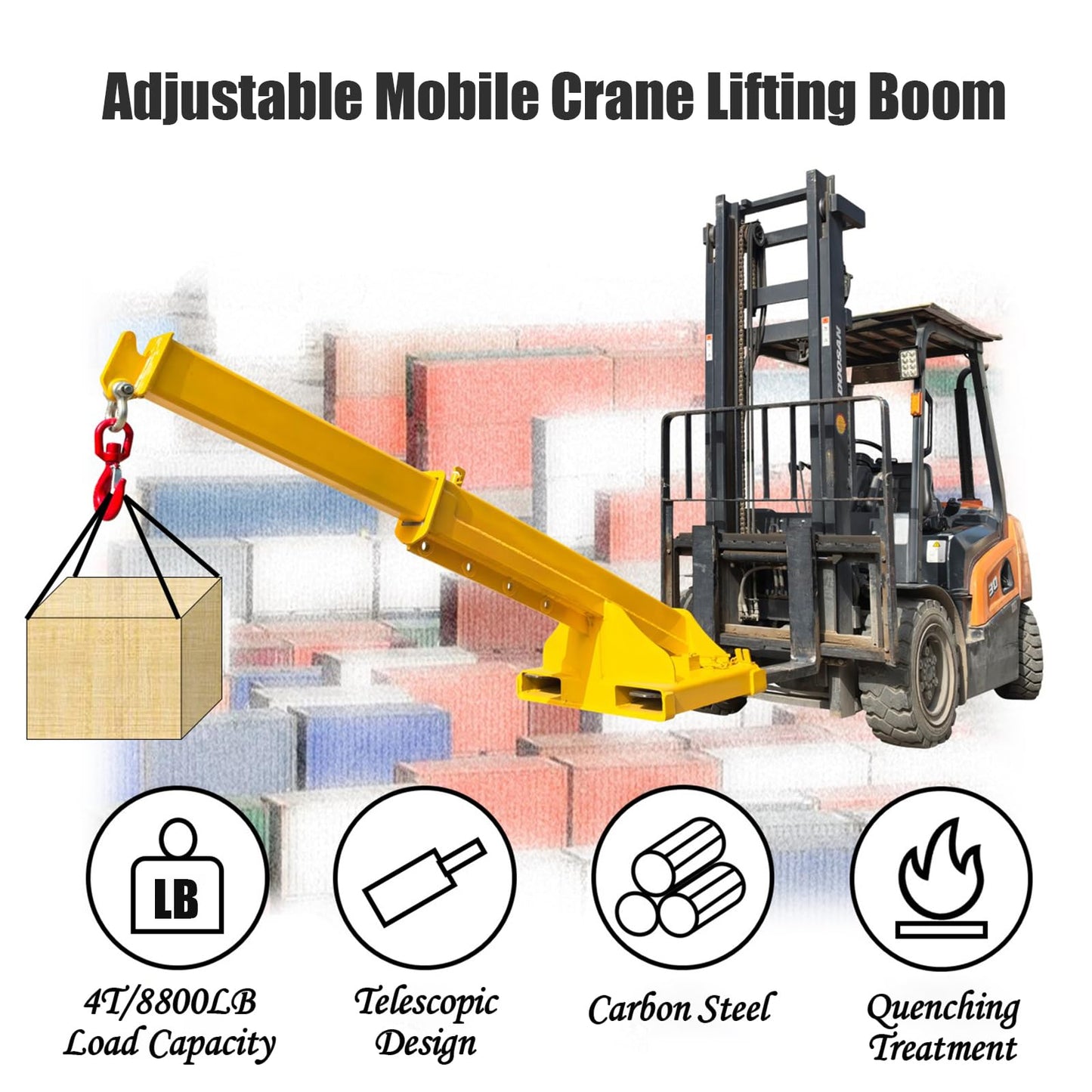 INTSUPERMAI Adjustable Forklift Jib Boom Crane, 8800 Lbs/4T Capacity Heavy Duty Forklift Mobile Crane, Max 94.5" Telescopic Arm, with Truss Hoist Jib Boom and Hook, for Towing Handling Equipment