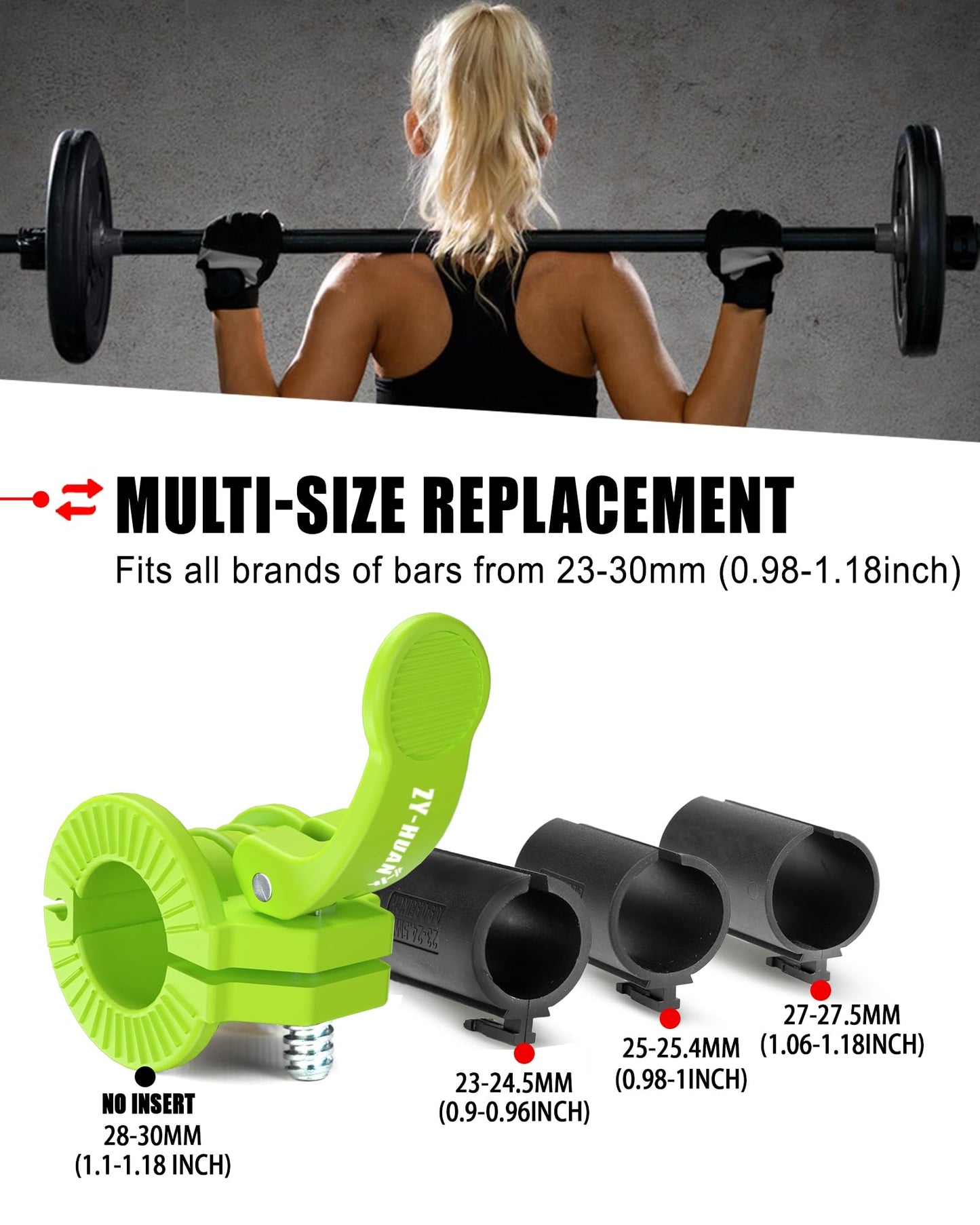 ZY-HUAN Pro Barbell Clips 1 inch Barbell Clamps 0.9-1.18inch Quick Release Weight Clips for Bars Multi-Size Adjustable Olympic Barbell Clamps (Green)