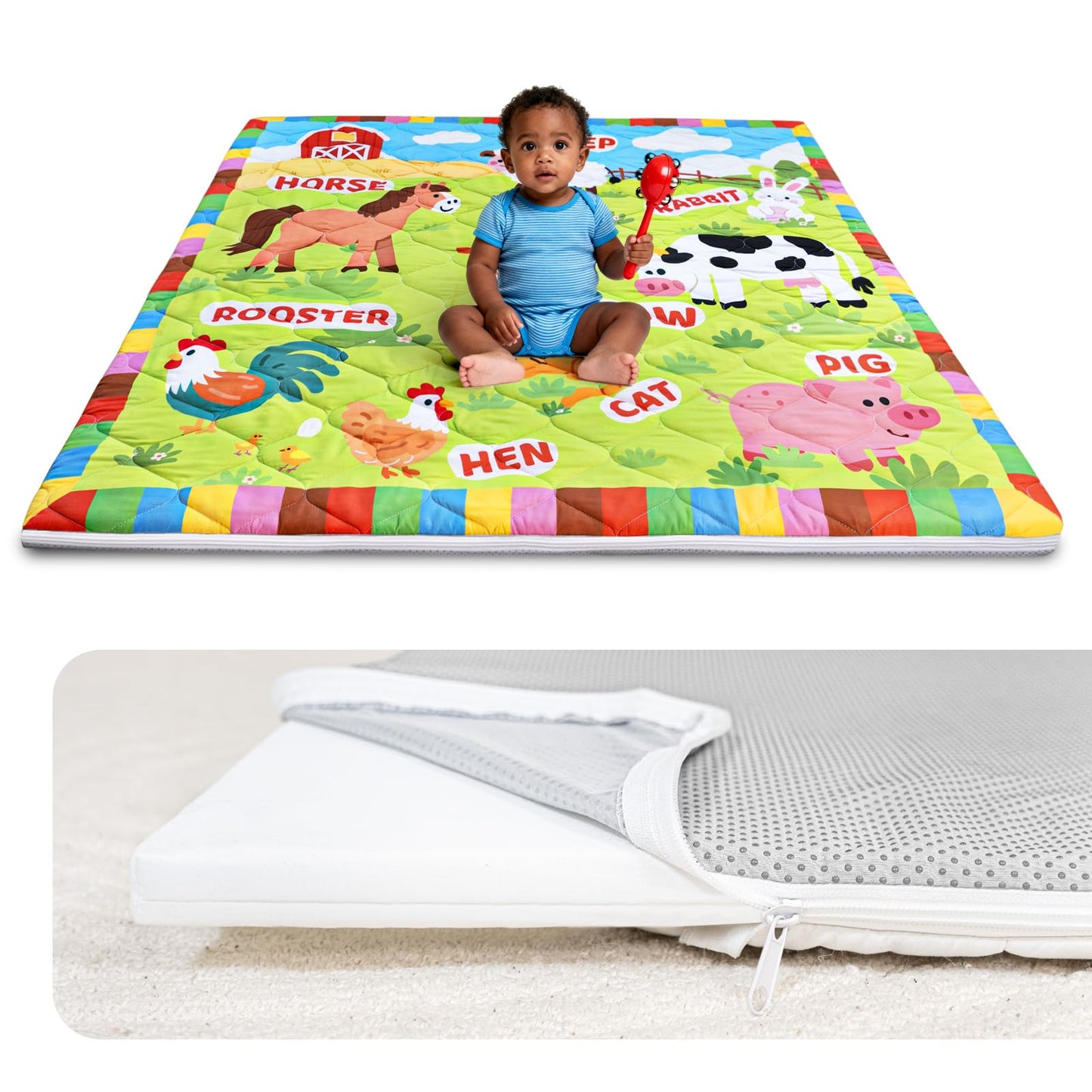 Beavtaens Foam Baby Play Mat 50x50, Removable and Machine Washable Cover, Thicken Cushioning Playmat and Perfect for Playpen, Non-Slip Bottom, Easy to Clean for Infants, Toddlers & Babies(Farm)