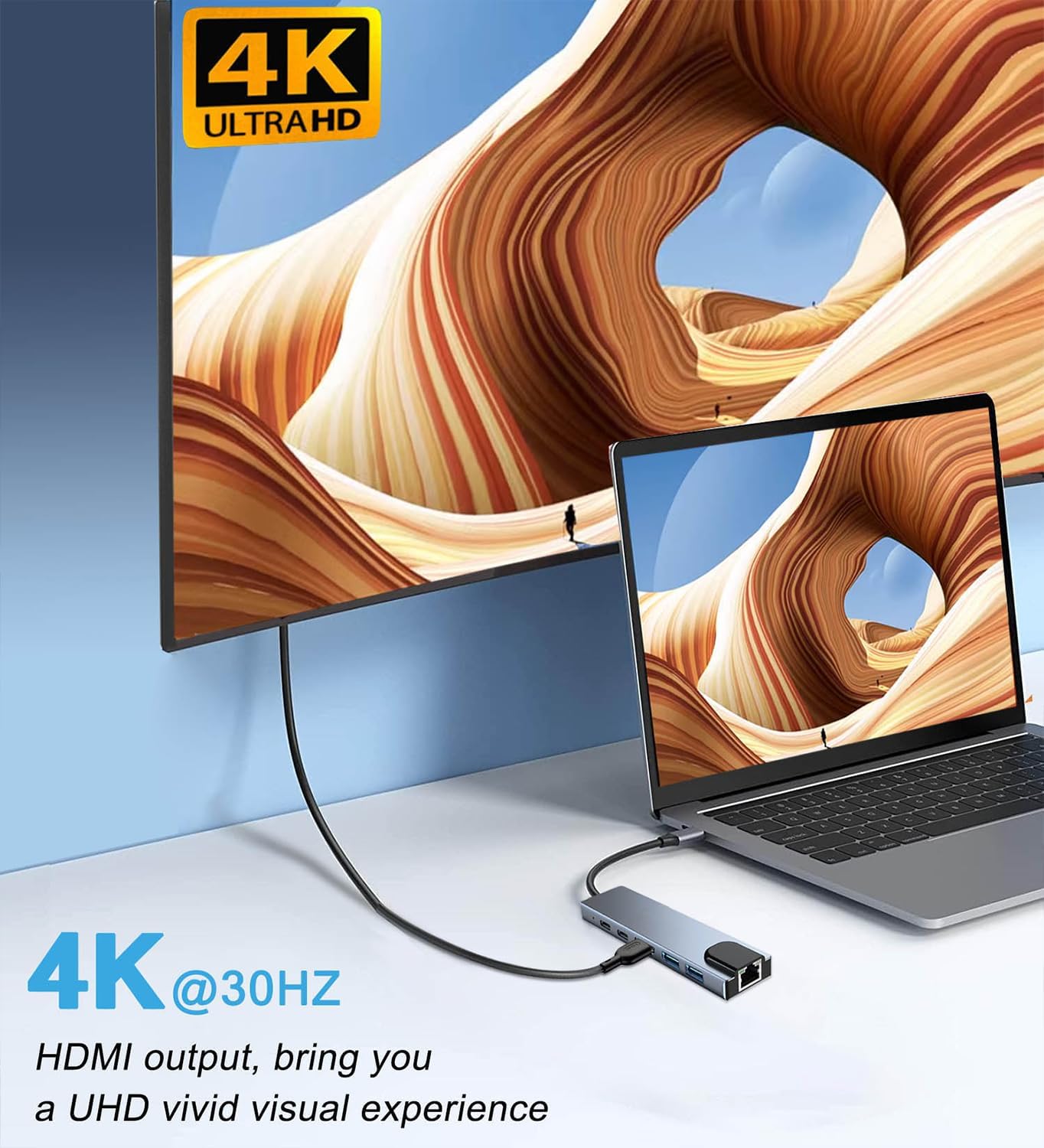 MVBOONE 6 1 4K in Type C to HDTV Adapter, USB C Hub with LAN Port, HDMI Output USB C Adapter Compatible with MacBook