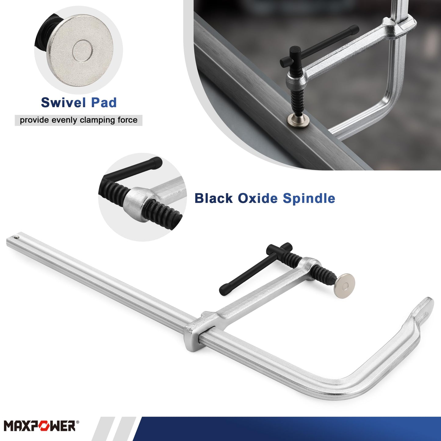 MAXPOWER 15-5/8" x 7-1/8" (400 x 180 mm) Deep Throat F Clamp, Heavy Duty Clamp for Welding, Rail Size 1" x 15/32", Pack of 4