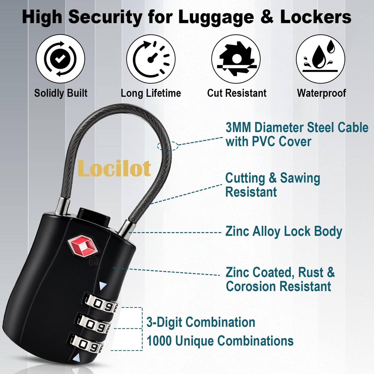 Locilot 5pcs TSA Approved Luggage Locks with 10pcs Zipper Locks, Zinc Alloy Combination Locker Suitcase Lock, TSA Locks for Luggage, Combination Lock for Locker Backpack (TSA007)