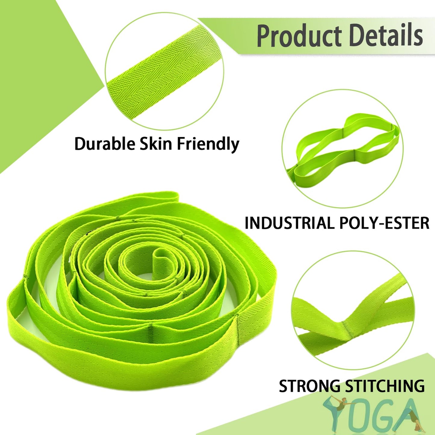 Stretching Strap Yoga Strap with Loops, Stretch Straps for Physical Therapy, Non-Elastic Exercise Strap for Pilates, Dance and Gymnastics with Workout Guide (Green)