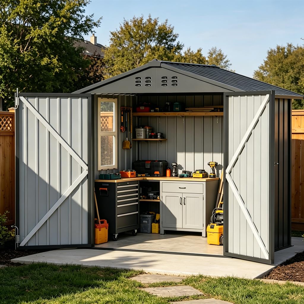 COMHOMA Outdoor Storage Shed with Window,Metal Lockable Garden Toolhouse, Ventilated Weather-Resistant Backyard Utility Workshop for Storage(Light Grey,6x4ft)
