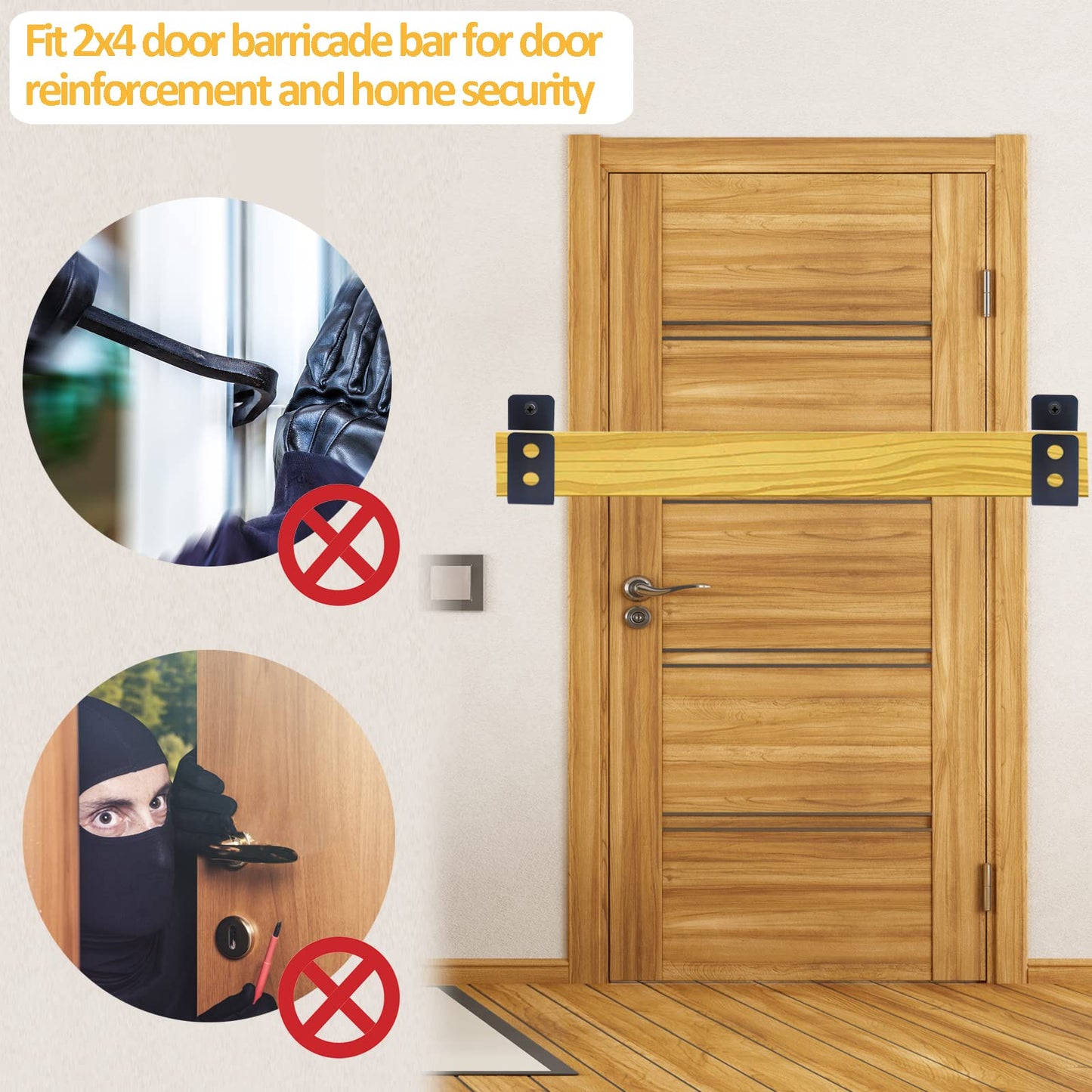 Door Barricade Brackets, 2 Pack 2x4 Door Barricade Brackets Door Security Barricade Brackets Bar Security Holder for Home, Barn, Shed, Garage, Gate to Security Door Reinforcement Fits 2x4 Bars, Black