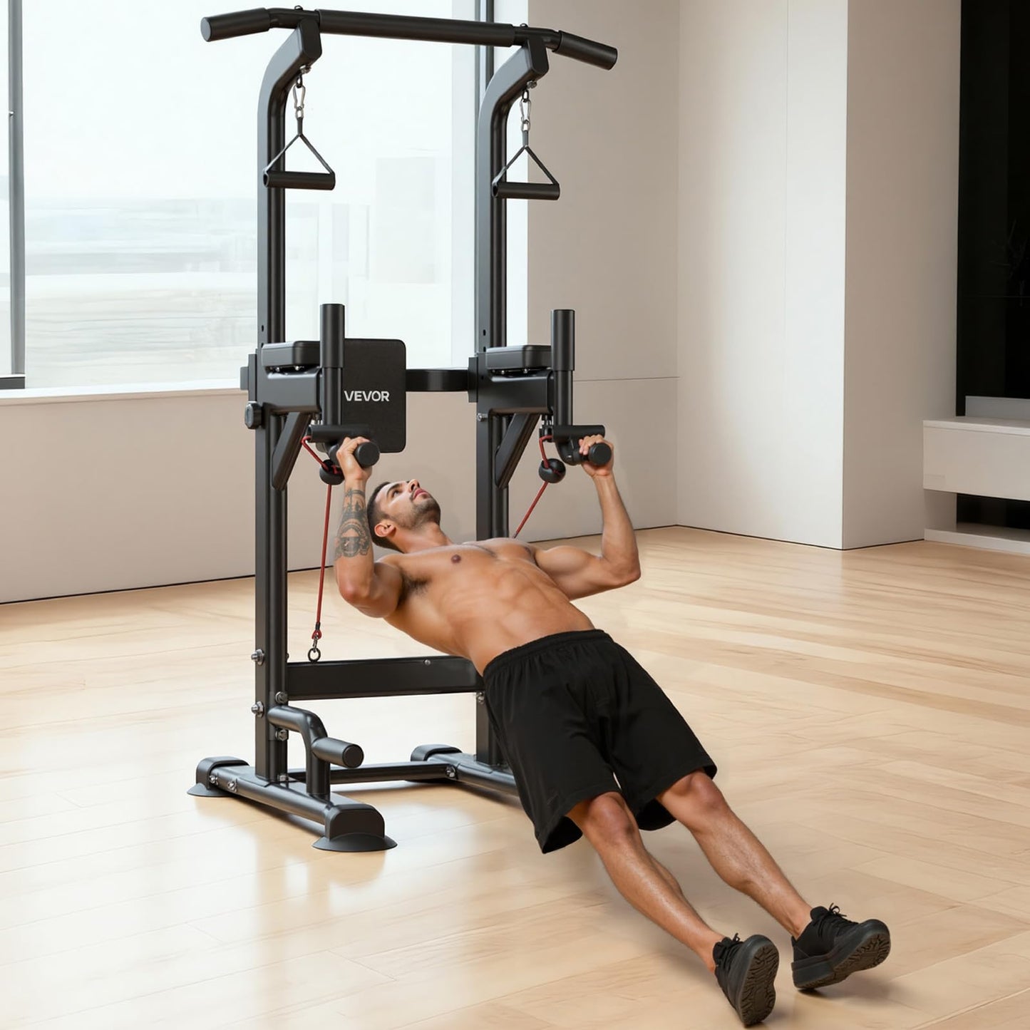 VEVOR Pull Up Bar, 330 LBS Power Tower Dip Station, Workout Dip Station with H-Shaped Stable Base & Back Pad, Adjustable 12 Level Height Free Standing Chin Up Bar for Back, 4-Level Adjustable Back Pad