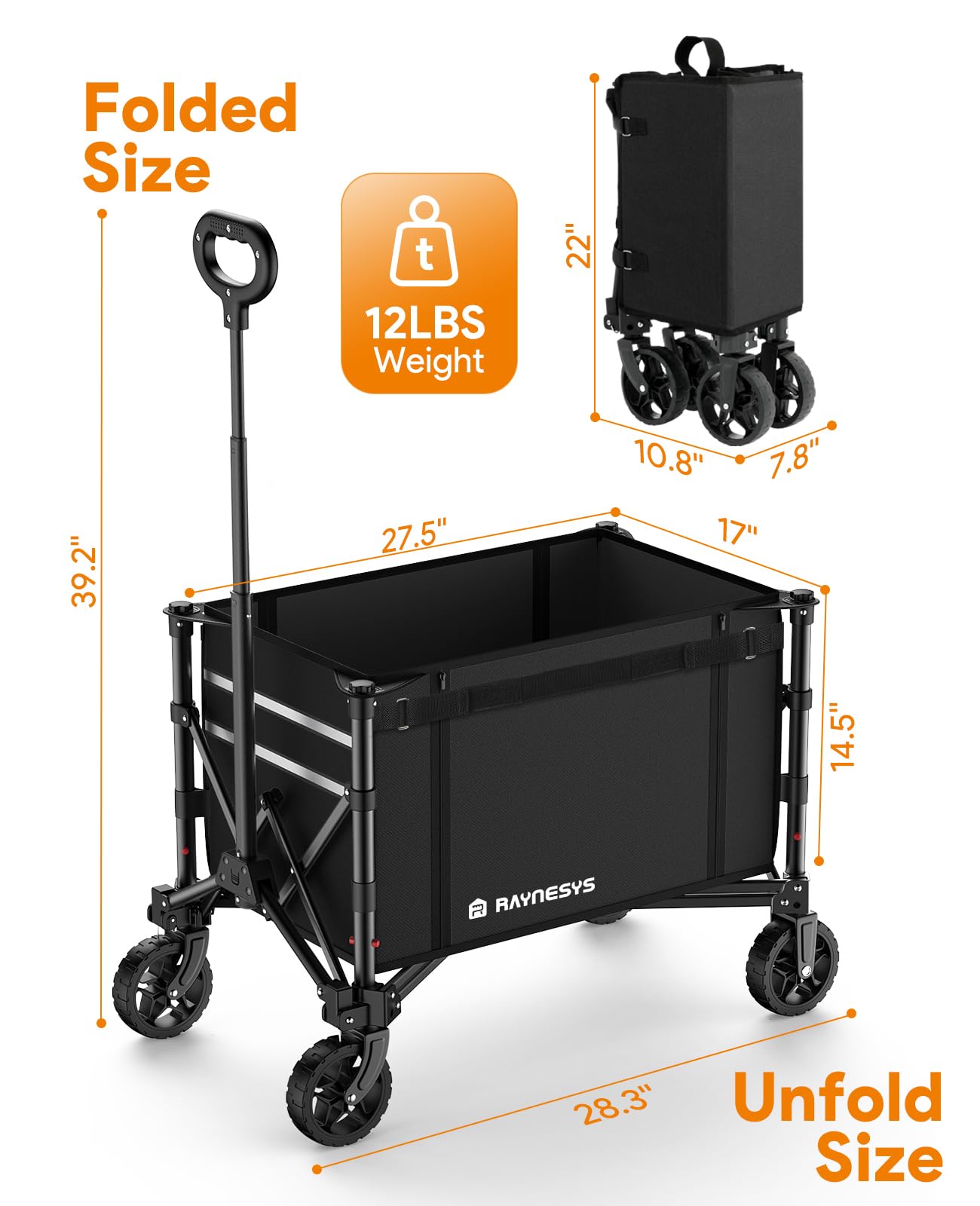 Raynesys 3 in 1 Collapsible Wagon Converts to Bench, 220lbs Foldable Wagon Cart with Wheels, 120L Shopping Cart for Groceries Folding Utility Wagon for Beach, Garden, Camping, Sport, Black