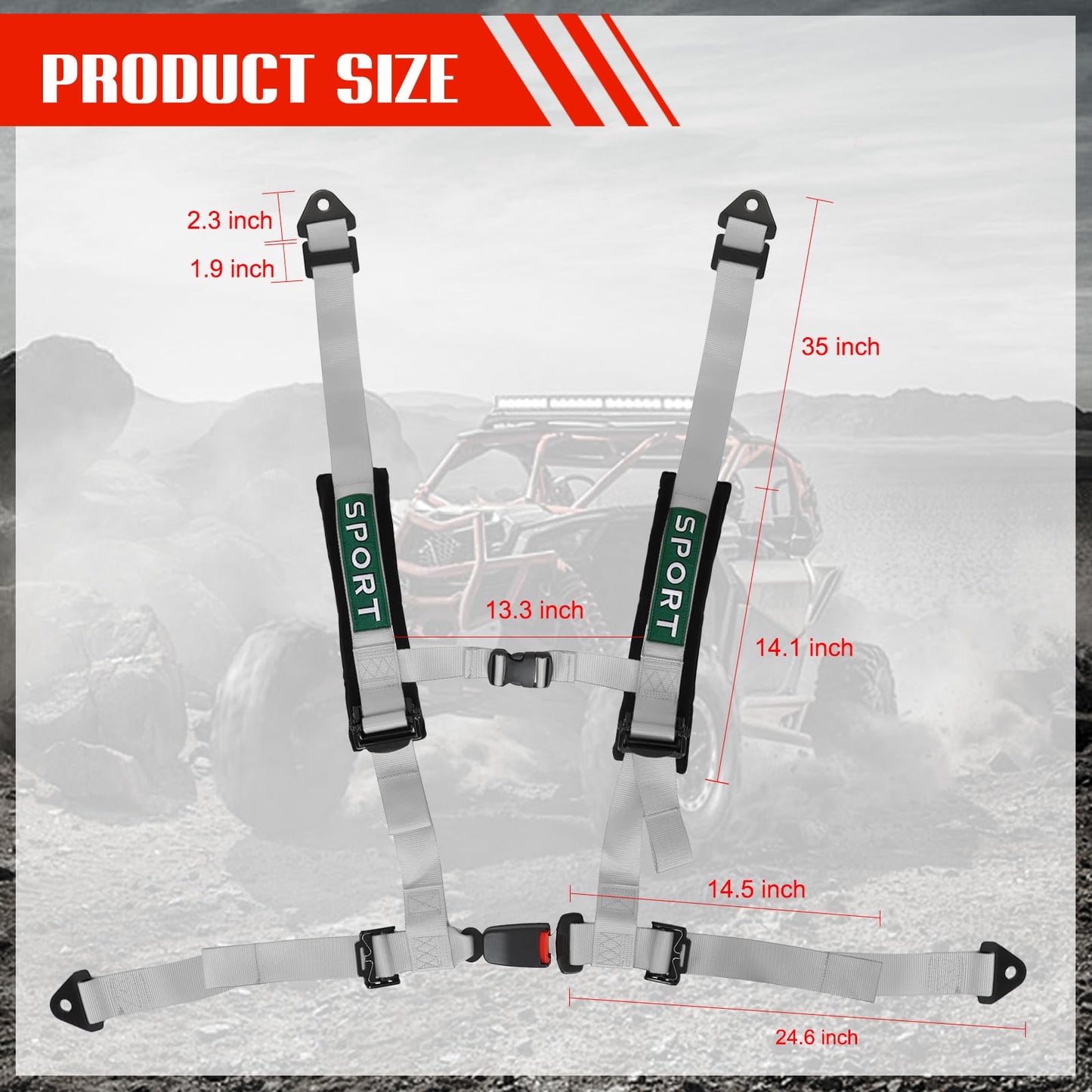 BESTZHEYU 4 Point Harness SFI with 2 Inch Heavy Duty Shoulder Padding with Quick Auto buckle for UTV ATV Sports Car, Racing Car, Car Silver Racing Harness 2 PCS