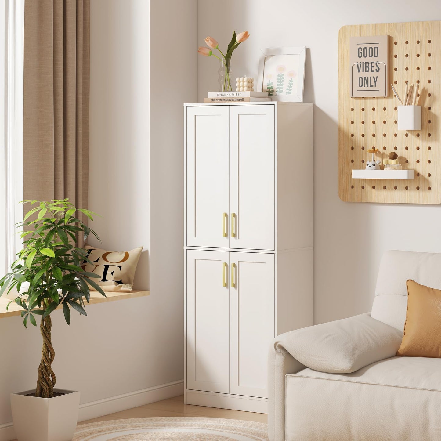 Hamesen Storage Cabinet, Kitchen Pantry with Doors & Shelf, Tall Storage Cabinet for Bathroom, Living Room, Entryway,White