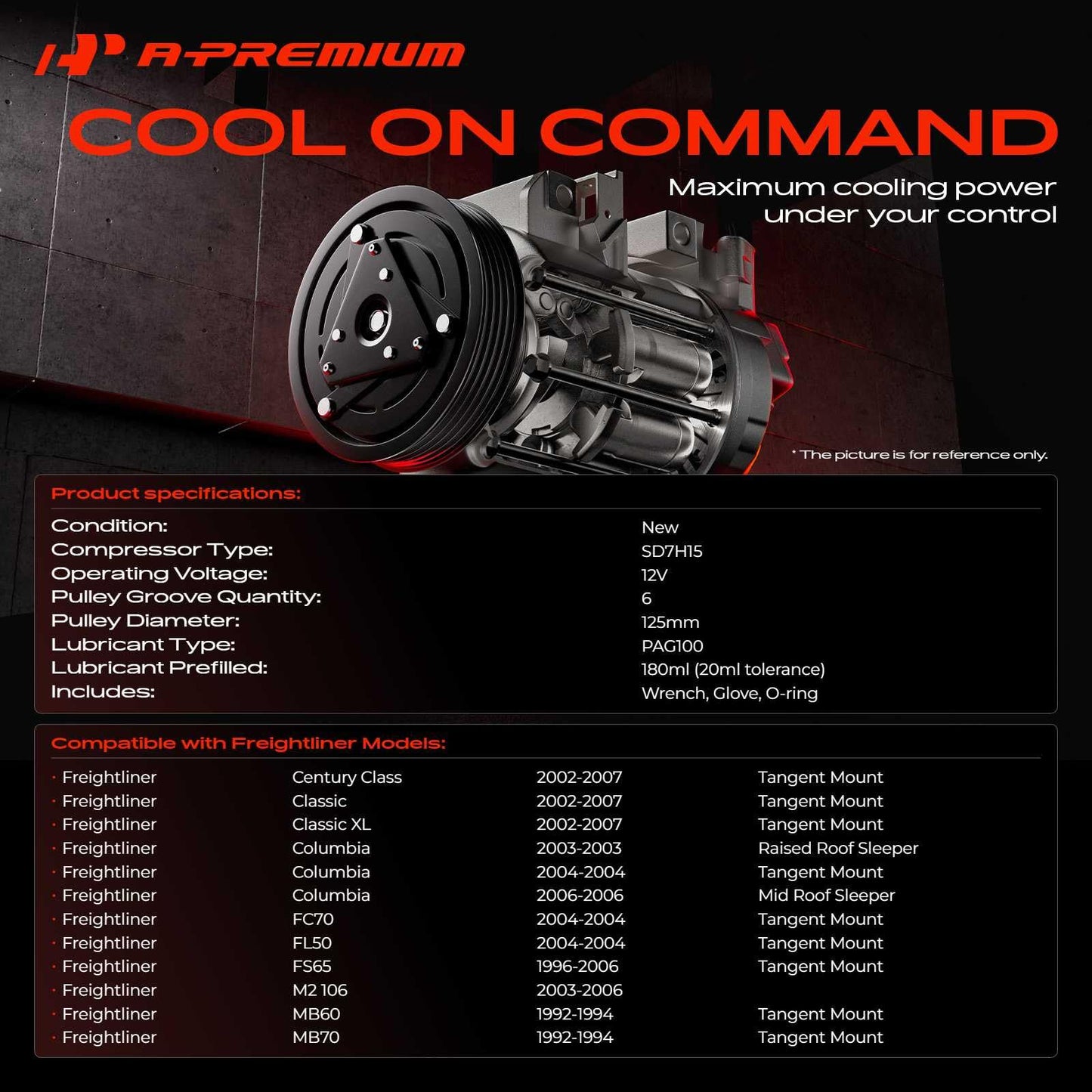A-Premium Air Conditioner AC Compressor with Clutch Compatible with Freightliner Century Class/Classic/Classic XL 2002-2007, Columbia 2003-2004/2006, FC70/FL50 2004-2004, FS65, M2 106, MB60, MB70