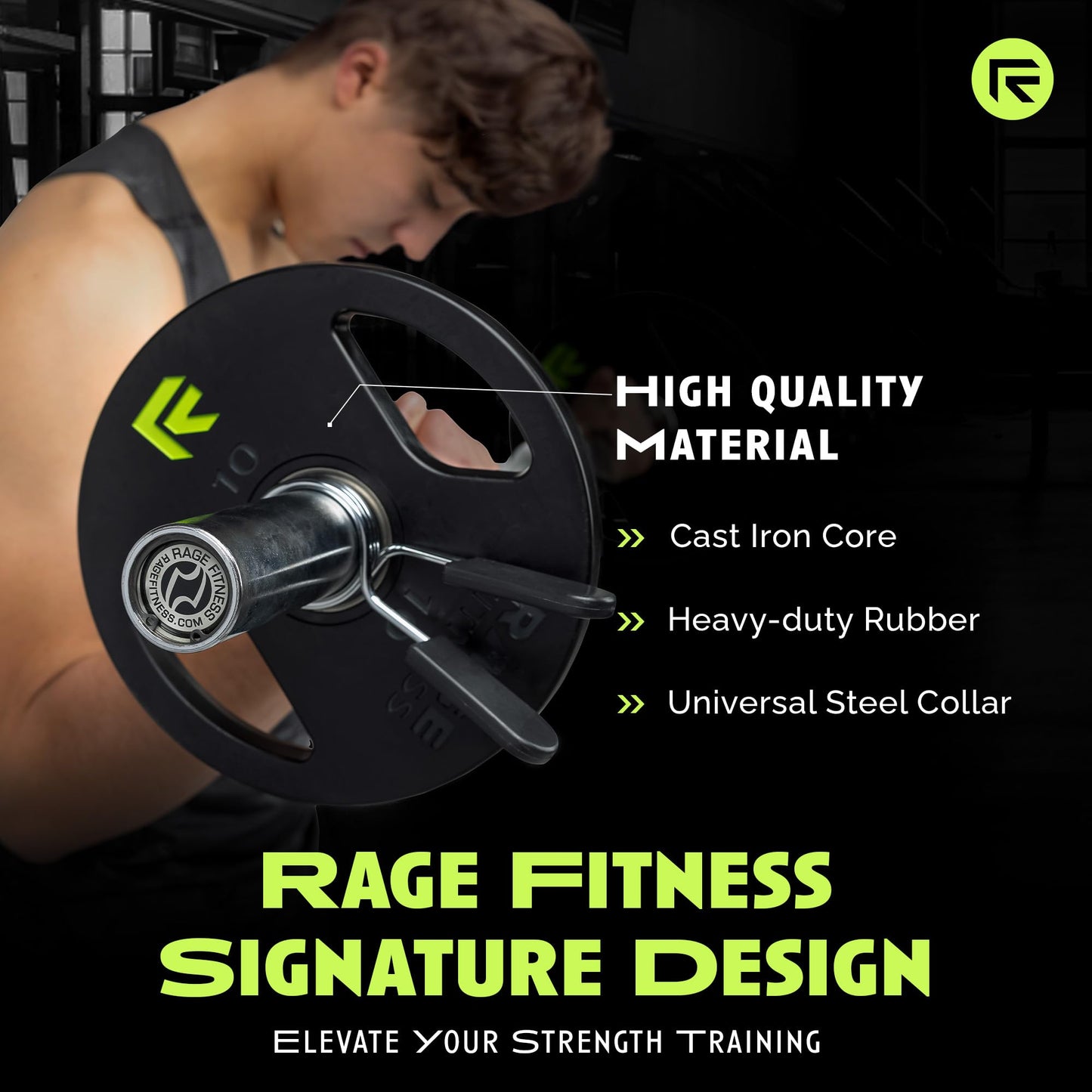Rage Fitness Cast Iron Weight Plates, Rubber Coated, 2" Steel Insert (5lb, 10lb, 25lb, 45lb - SOLD INDIVIDUALLY), Rubber Weight Plates for Strength Training, Bench Press, Squats, Powerlifting