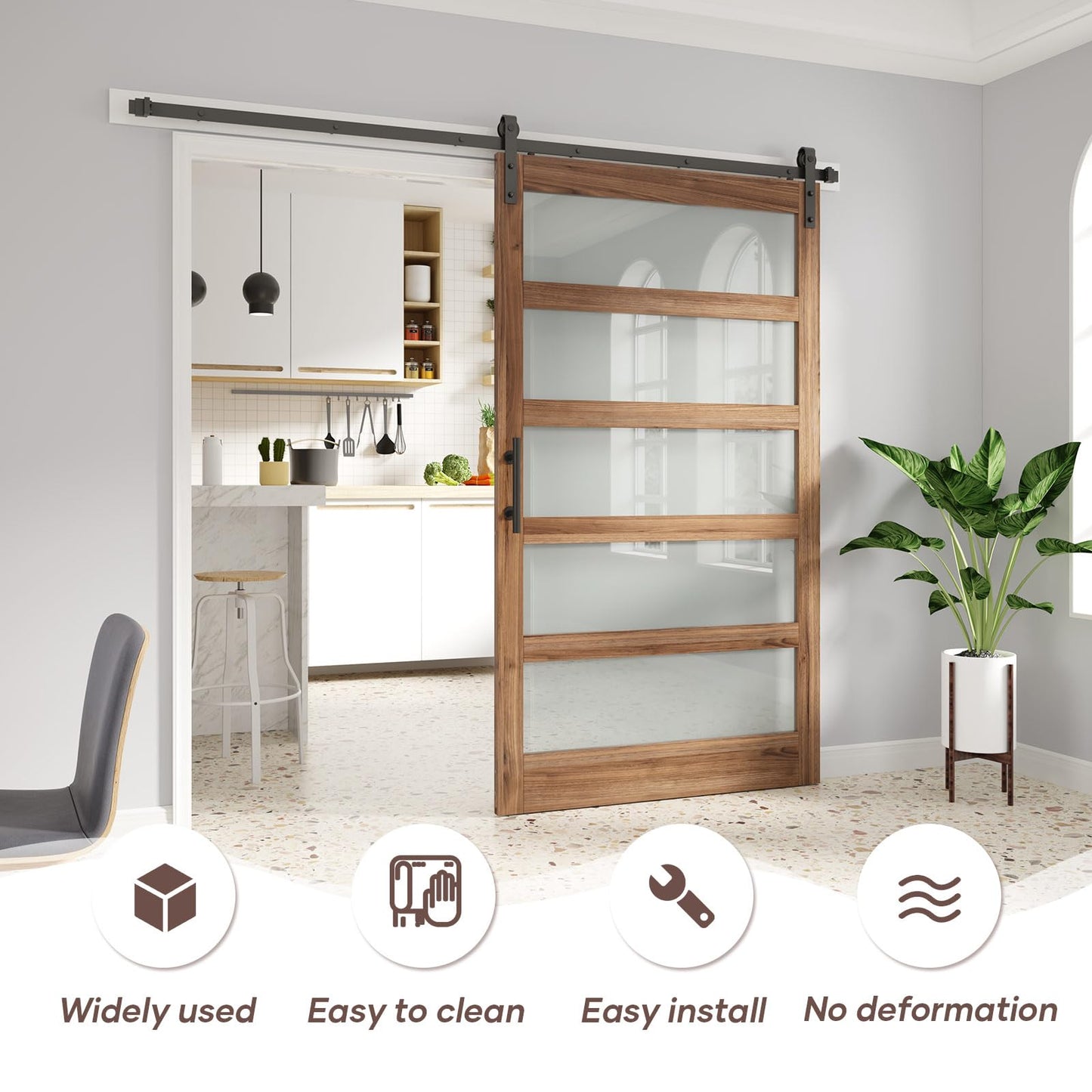 FREDBECK 48 x 80 inch Glass Barn Door with 8FT Barn Door Hardware Kit & Handle Included,5-Panel Frosted Glass,Wood Panel, Water-Proof Surface,Pre-Drilled Holes,Need Assembly
