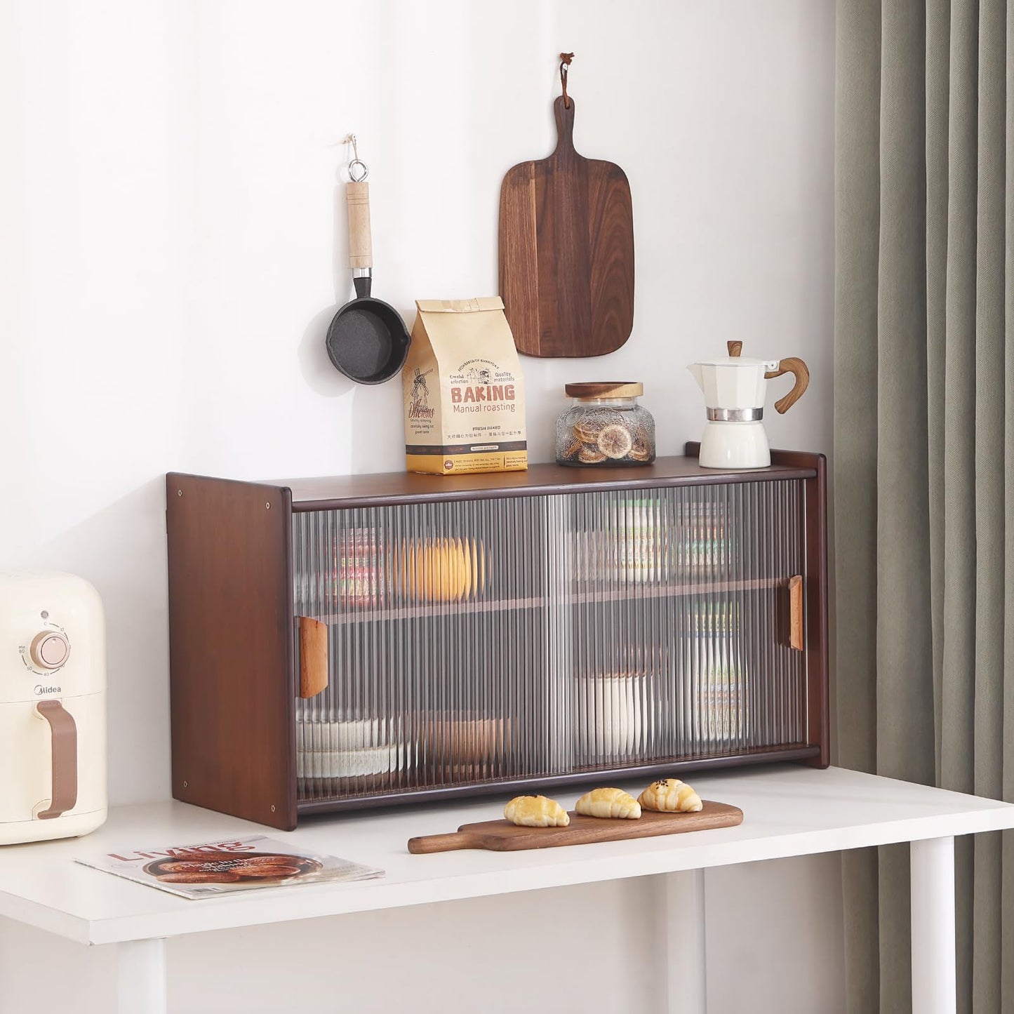 Tiita Small Kitchen Pantry Cabinet, Bamboo Wall Sideboard with Glass Doors, Cupboard Food Pantry Cabinet for Kitchen, Living Room and Dinning Bedroom