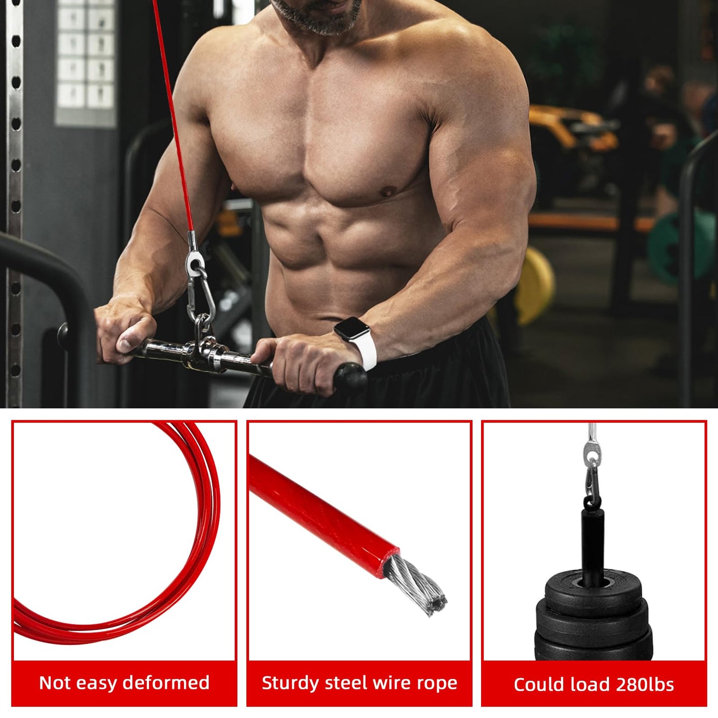 Topfinder Replacement Cables for Home Gym, Fitness Pulley Cable, Weight Machine Replacement Cable with Stopper Ball (Red Fixed Length, 98 inch)