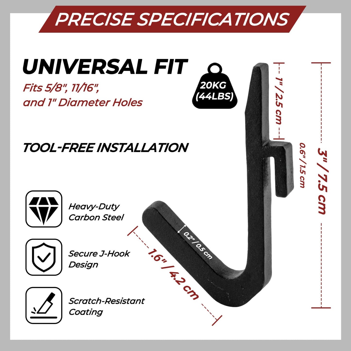 Lights Mountain Power Rack Hooks 10 Pack, J Hooks for Squat Rack, Heavy Duty Gym Storage Hooks for Resistance Bands, Belts, Chains & Cable Attachments & Accessories, Fits 5/8" & 1" Holes