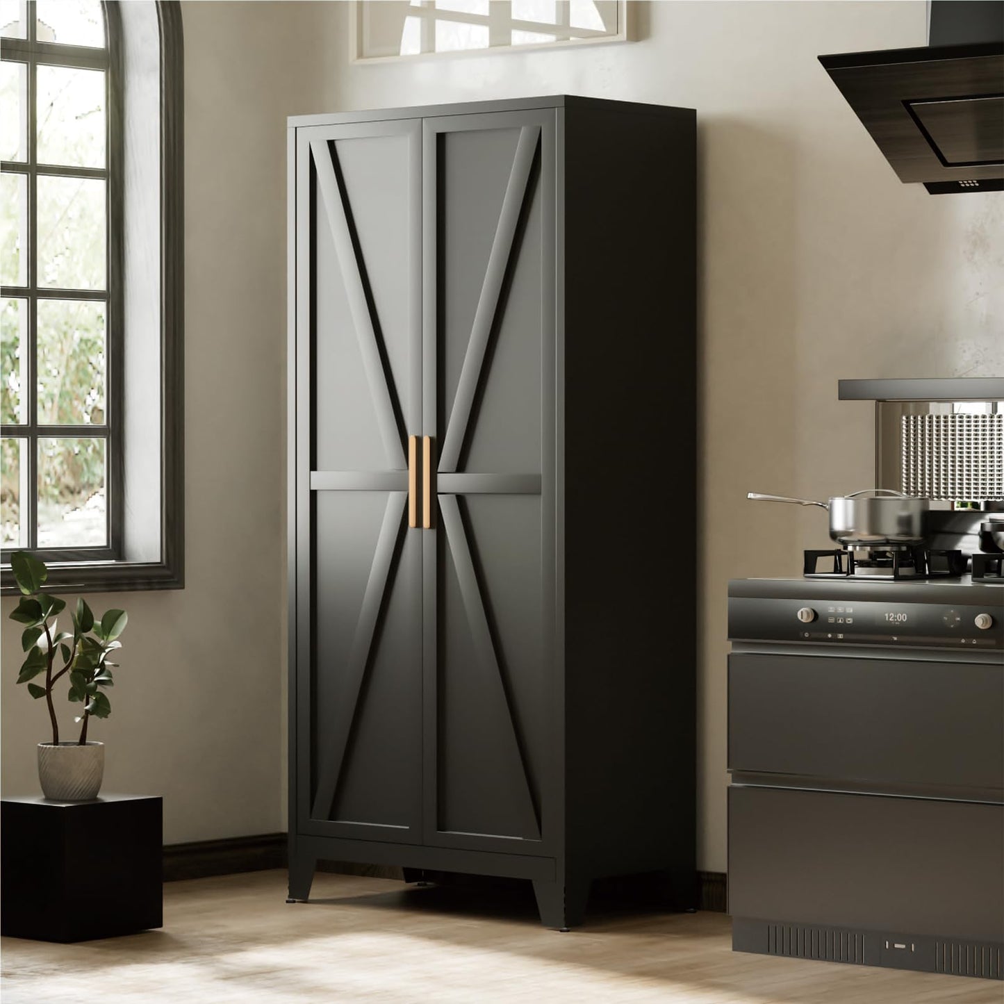 Bevivog 71" Kitchen Pantry Cabinet, Metal Storage Cabinet with 2 Doors and 4 Adjustable Shelves, Farmhouse Tall Metal Pantries Cabinets Storage for Kitchen, Home Office