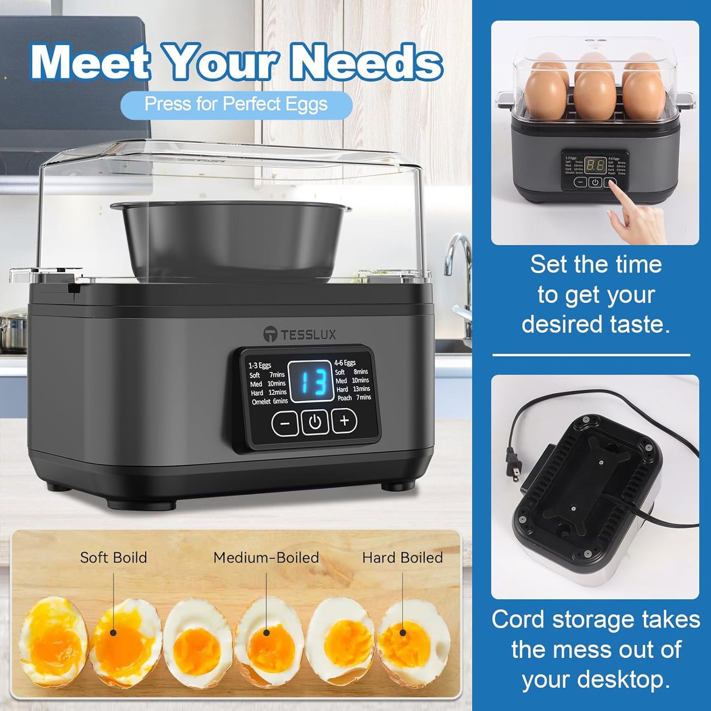 Tesslux Electric Egg Cooker - 6 Egg Capacity for Hard Boiled, Poached, Scrambled Eggs | Auto Shut Off (Gray)
