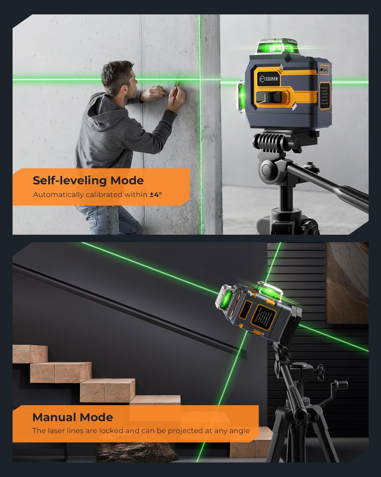CIGMAN 3x360° Laser Level with Remote&APP Control, Green Self Leveling Cross Line Laser for Construction and Picture Hanging, 3D Vertical/Horizontal Line, Magnetic Rotating Stand Included