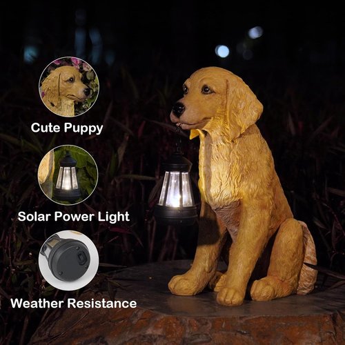 Cynkeyee Golden Retriever Puppy Statue - Solar Outdoor Dog Figurine for Garden Decor | 13.5x7.5x15.5 Inch