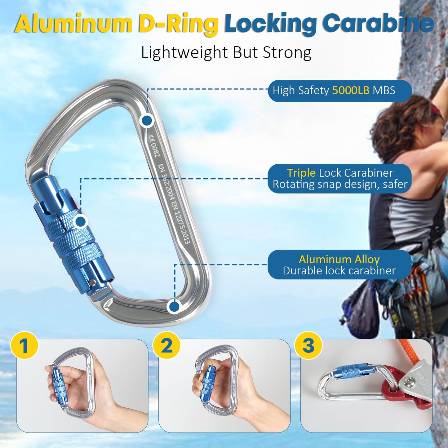 KLYTORX Flip Line Tree Climbing Rope 1/2" X 16ft Steel Core - Triple Lock Carabiner Adjuster & Steel Swivel Snap, Better Grab, Low Stretch & Cut Resistant Fall Protection Gear