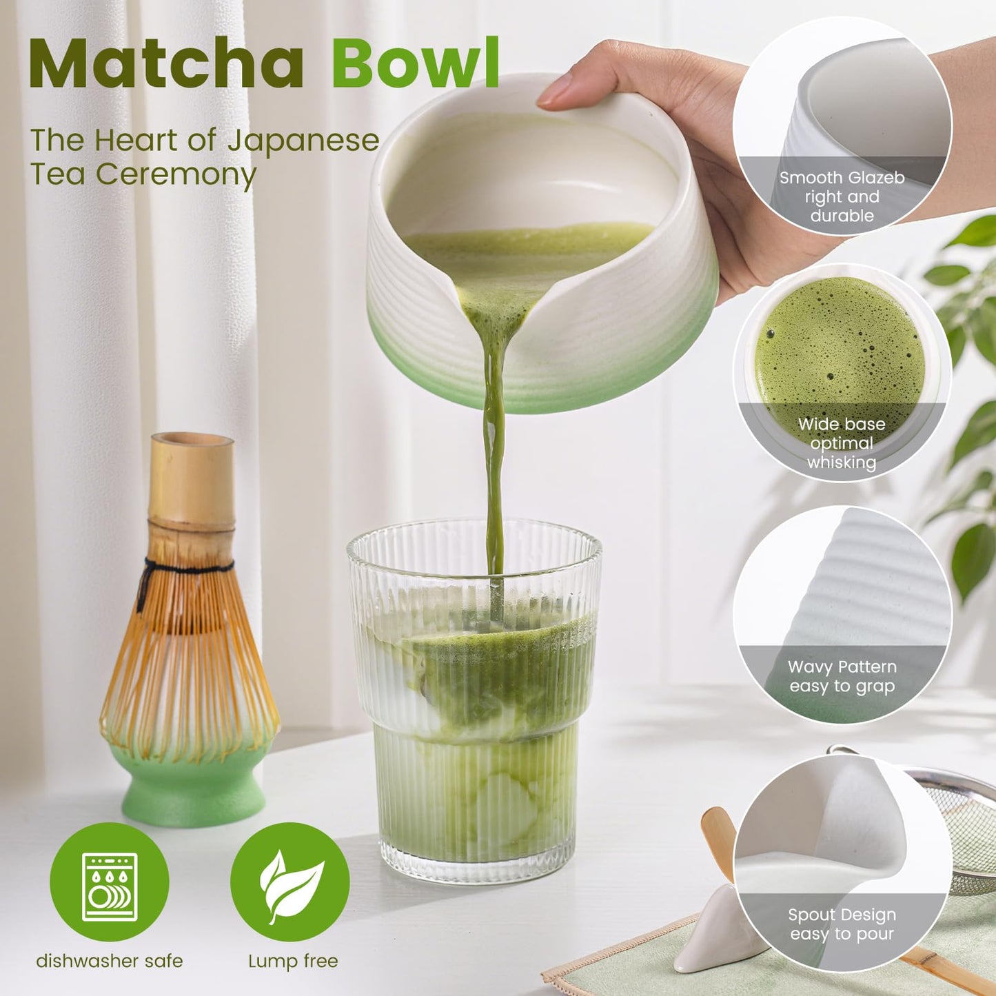 Nardo Visgo Matcha Whisk Set - 7PCS Japanese Tea Set Includes Matcha Bowl with Spout, Bamboo Whisk with Ceramic Holder, Bamboo Scoop, Scoop Stand, Sifter and Tea Towel, Matcha Making kit for Women Men