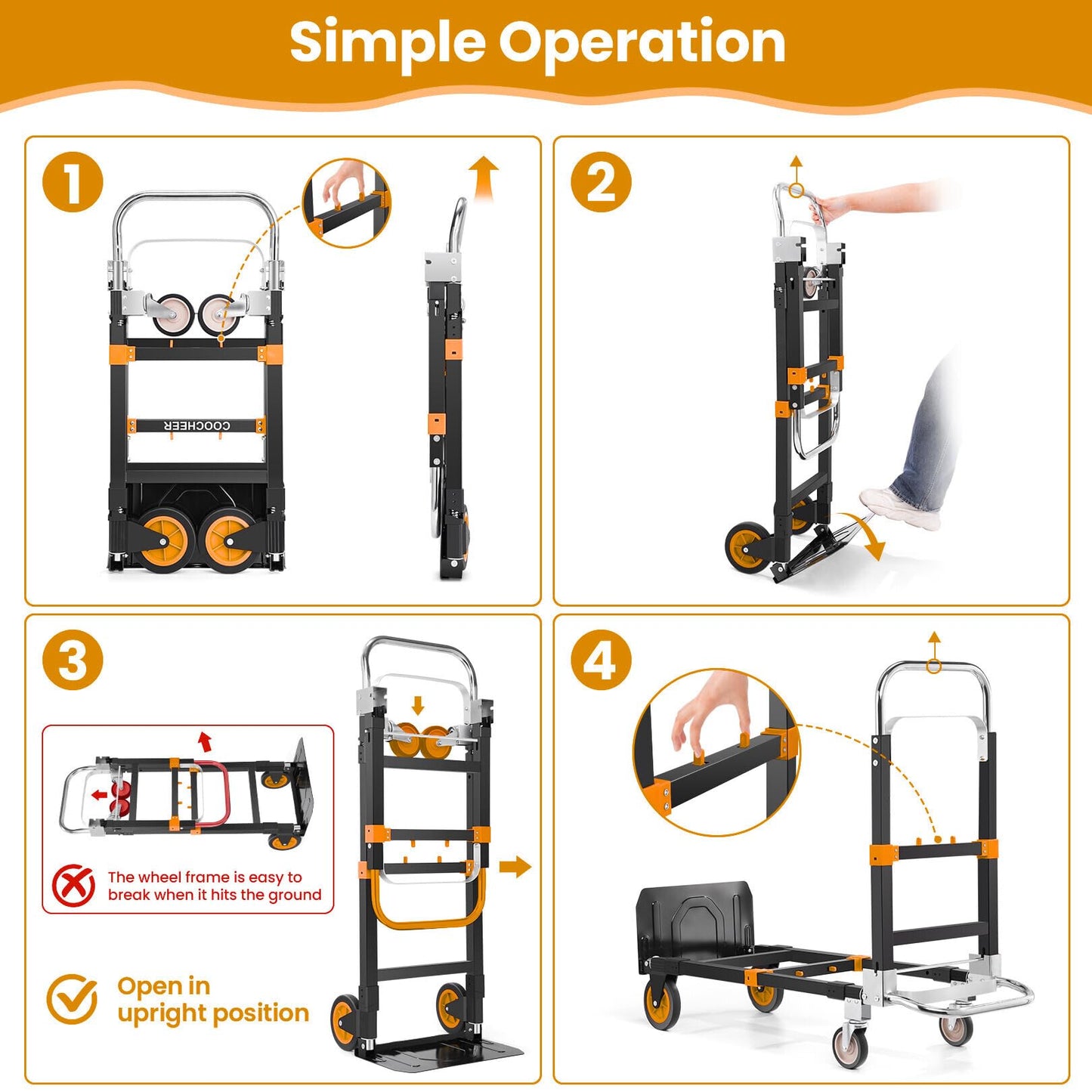 3-in-1 Convertible Heavy Duty Folding Hand Truck Dolly, 600LB Capacity with Rubber& Wheels Telescoping Handles, Portable Collapsible Cart for Warehouse, Supermarket, Office (Orange)